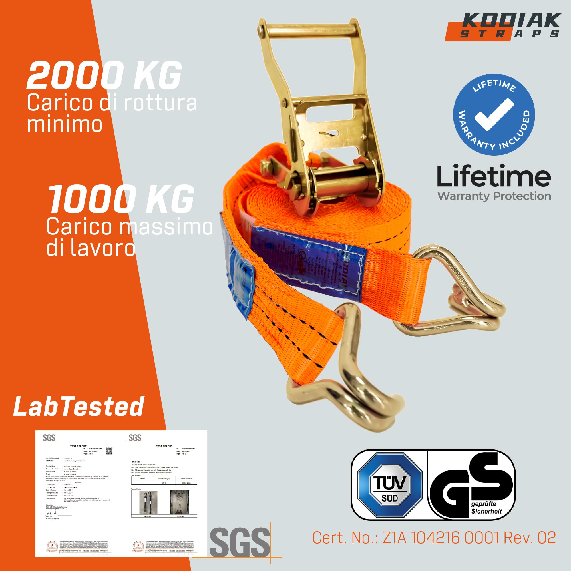 10 Cinghie di Tensione 6m x 2000kg con Cricchetto e Ganci - Cinghie a Cricchetto da 35mm - Cinghia Arancione per la Sicurezza del Carico - Certificato TÜV/GS e secondo DIN EN 12195-2 - KODIAK STRAPS