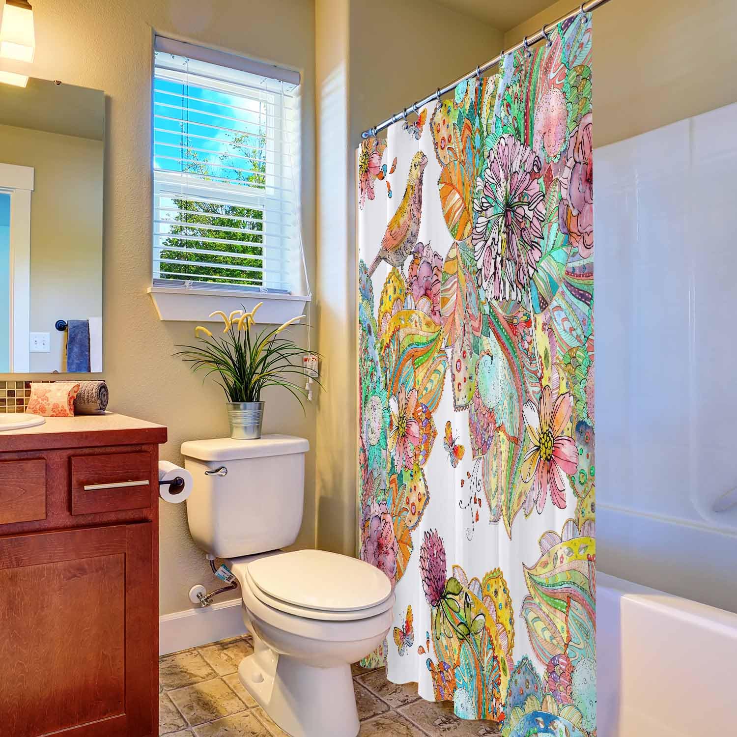 Woutay Shower Curtain Mould Proof Resistant Colorful Flowers and Bird,Water Repellant Fabric,Polyester,with 12 Plastic Hooks - Image 4