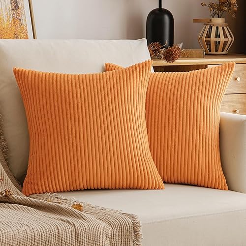EMEMA Juego de 2 fundas de almohada de pana de color naranja quemado otoñal, fundas de cojín cuadradas de rayas suaves para sofá, dormitorio, silla