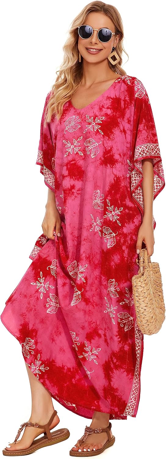 Beautybatik Women Hand Blocked Batik Rayon Caftan Kaftan Loungewear Maxi Plus Size Long Dress XL to 4X