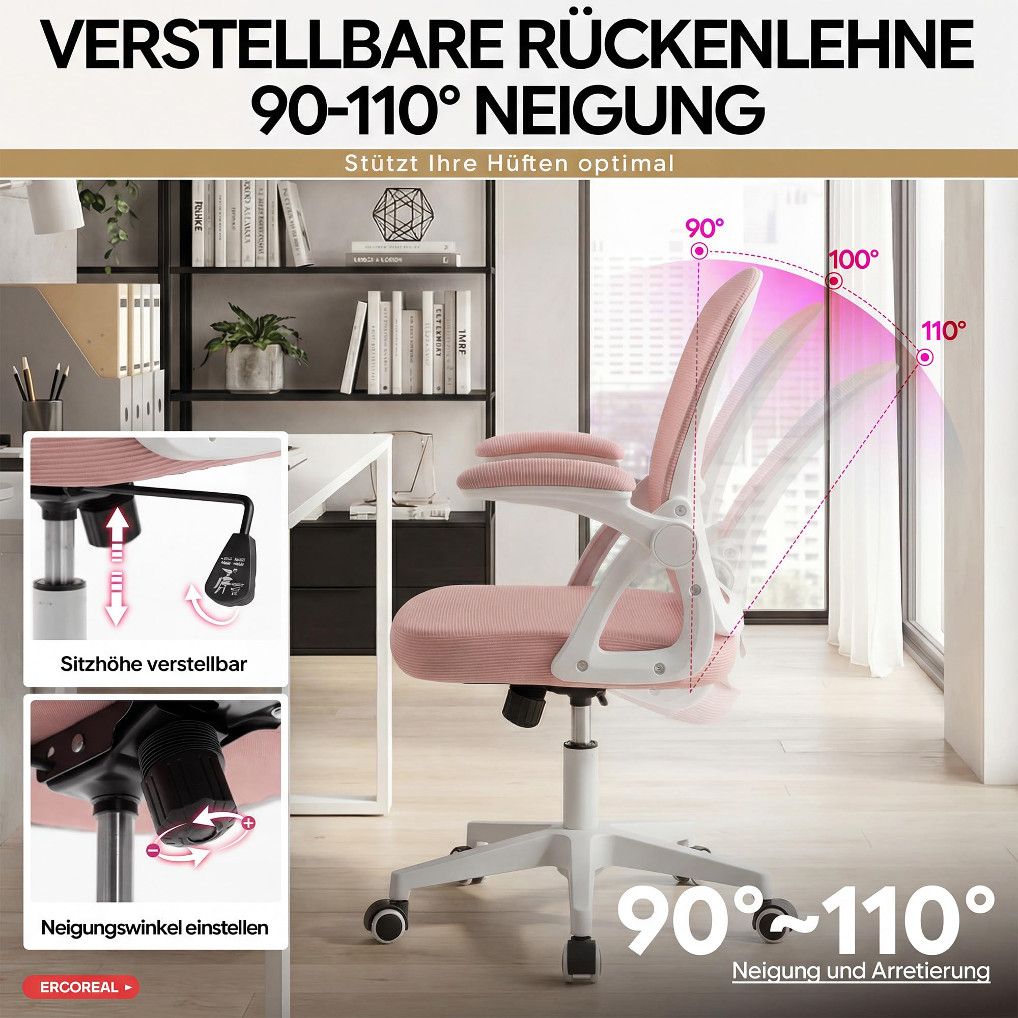 Ergonomischer Bürostuhl, 90-110° Verstellbare Rückenlehne & Aufklappbare Armlehnen (90°), Bürostuhl mit Rollen & Höhenverstellung,Homeoffice & Arbeitszimmer (Kirschblütengrau)