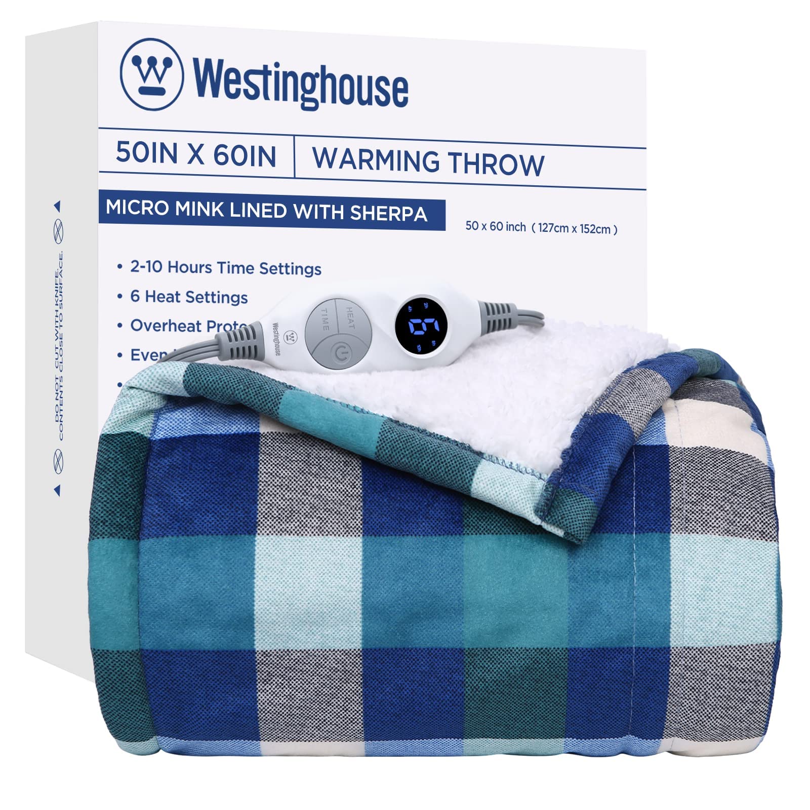 Westinghouse Electric Blanket Heated Throw Blanket, Plaid Sherpa Heating Blanket, 6 Heating Levels & 2 to 10 Hours Heating Time Settings, Green Plaid, 50"x60"