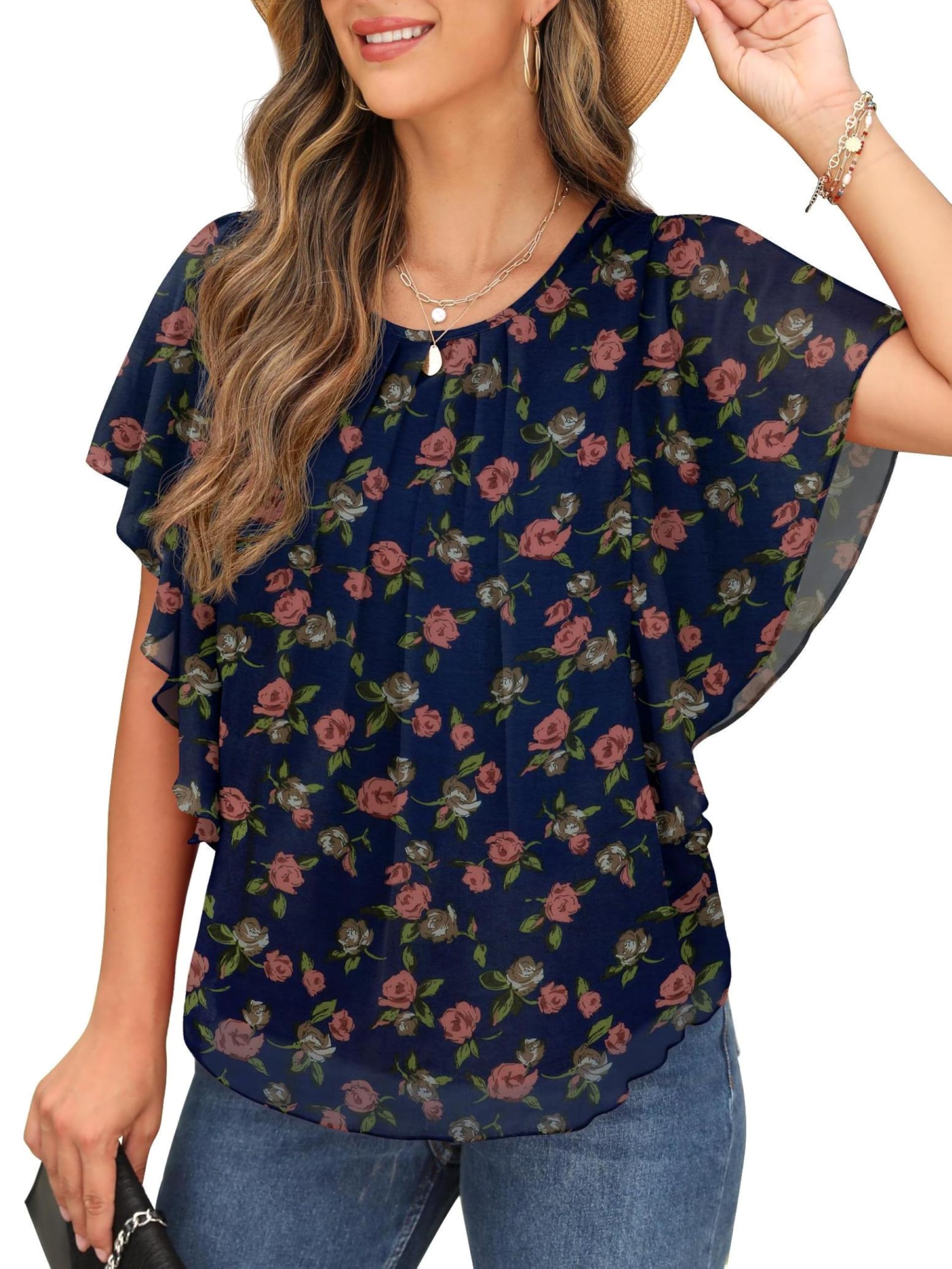 QIXING Chiffon Kurzarm Bluse Damen Sommor Top Damen Elegant Rundhals-Ausschnitt Batwing Sleeve T Shirt Fledermausärmel Tunika(Marineblaue Rose, S)