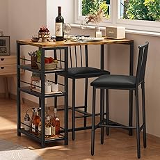 Garvee Bar Table and Chairs Set, 3 Piece Bar Table Set with with Flip Top Extension and Storage Shelves, Dining Table Set for 2, Suitable for Small Space Kitchen Apartment, Grey