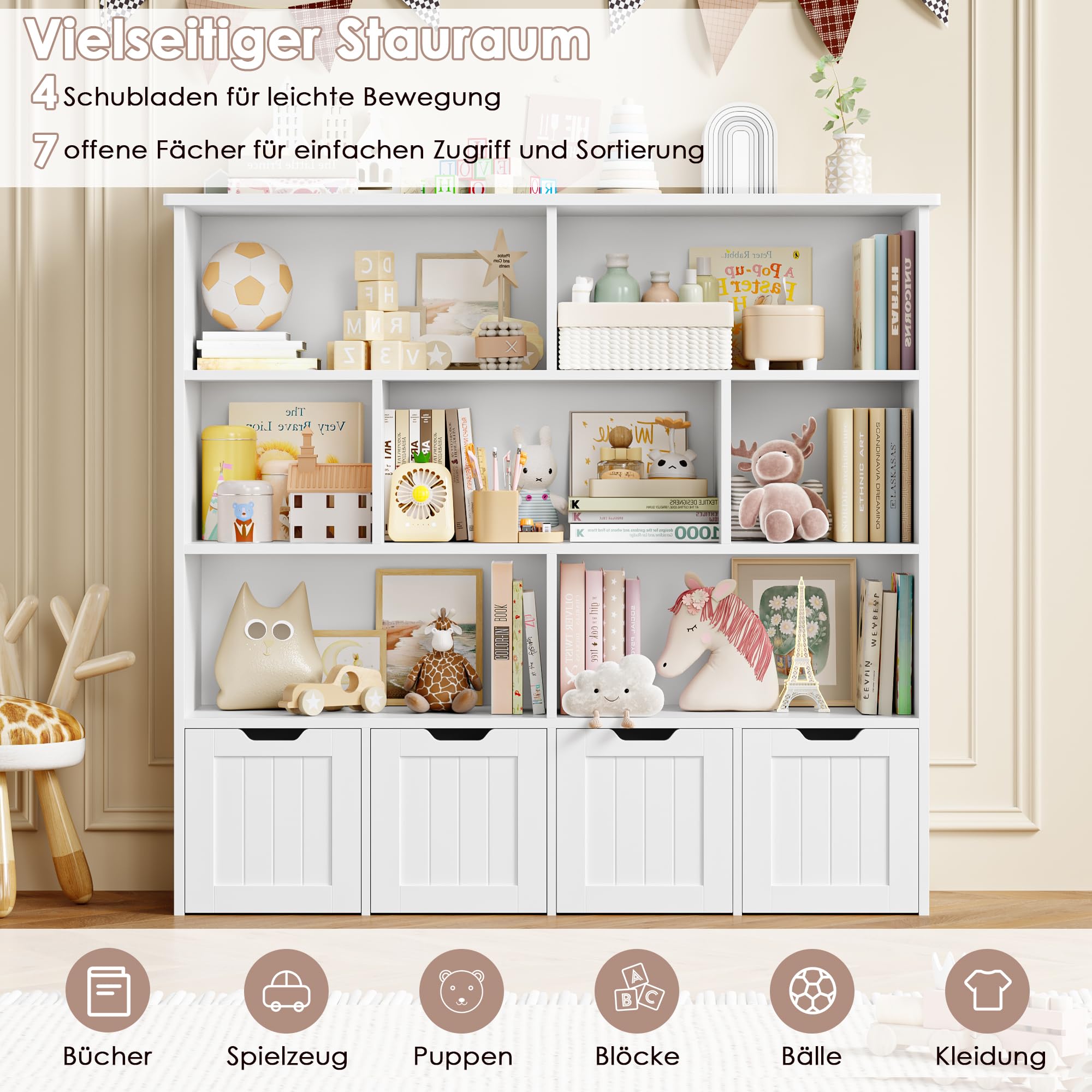 FOREHILL Kinderregal 4 Ebenen, Kinderzimmer Möbel, Bücherregal für Kinder | Kinderschrank mit Boxen auf Rollen, Spielzeug Aufbewahrung für Kinderzimmer, Kindergarten, Leseecke 125,5x33x118cm Weiß