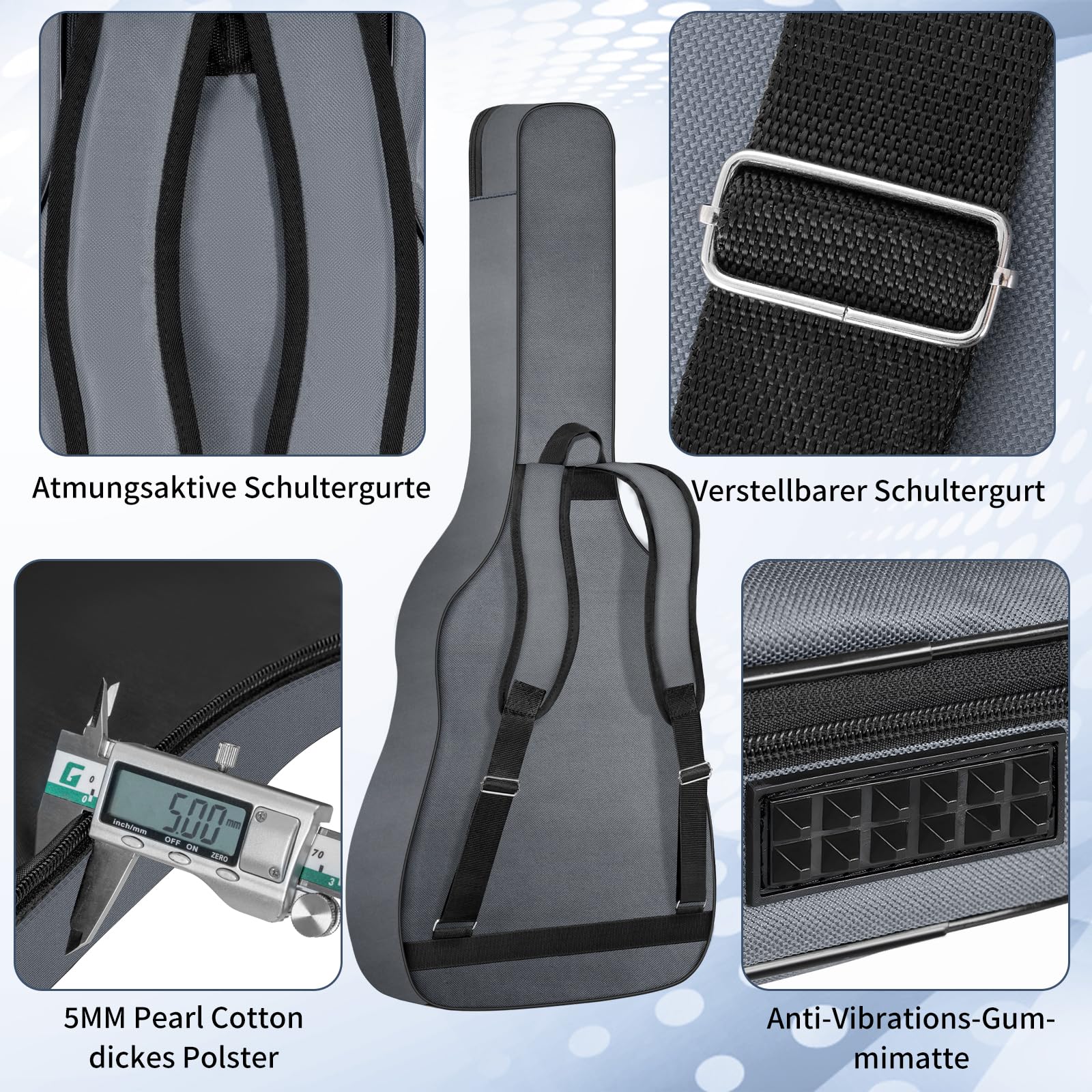 OUUTMEE 48 Zoll Tasche für E-Bass 124 x 41 x 6 cm E-Bass Tasche Verstellbare Schultergurte E-Bass-Auftrittspaket 5 mm Perlenwattepad 600D Oxford-Tuch，Grau