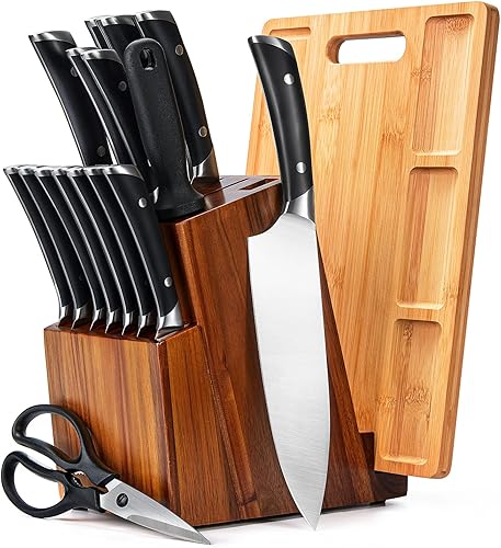 Kiss Core Juego de cuchillos de cocina de madera de acacia 18 piezas juego de cuchillos de cocina profesional de acero inoxidable con tabla de