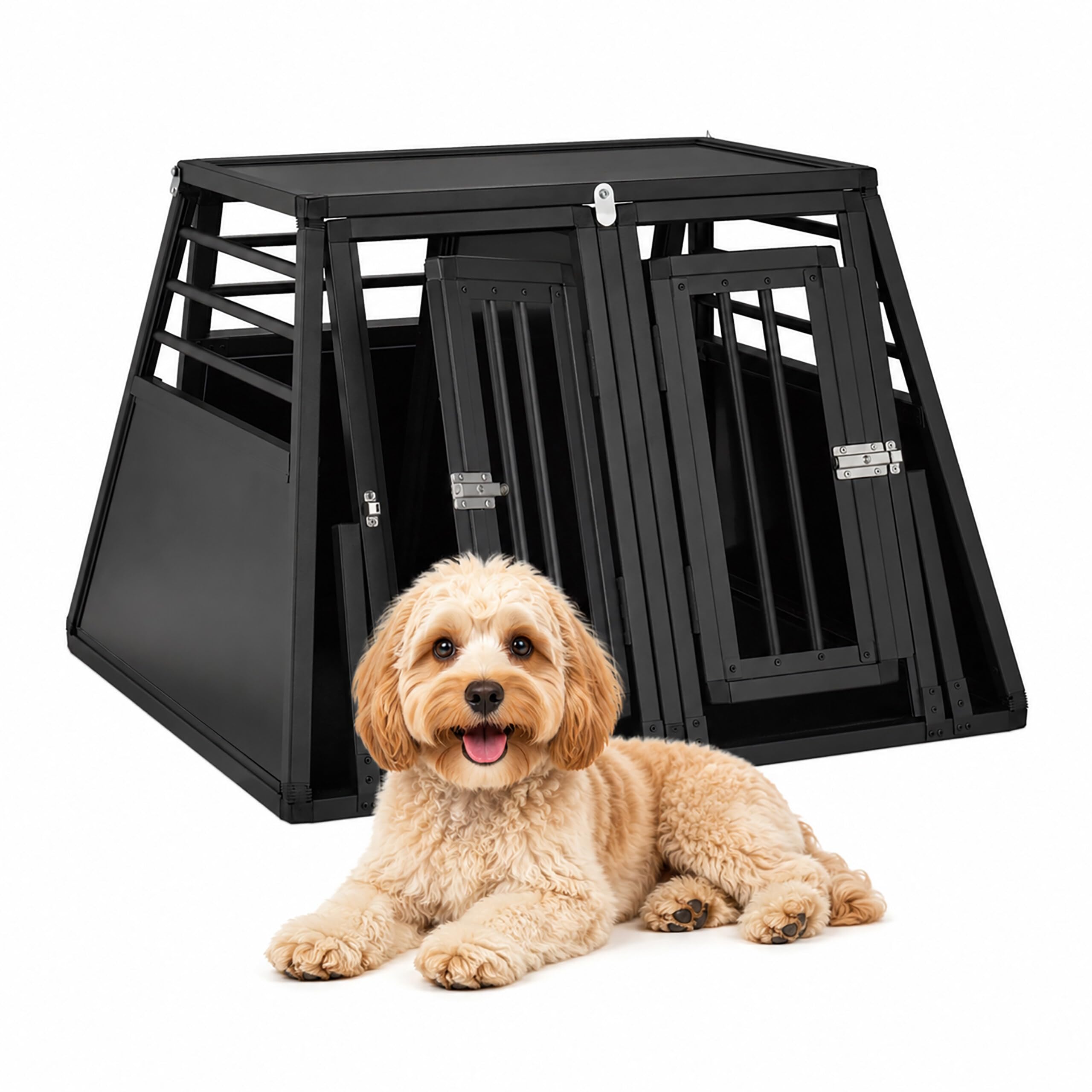 Relaxdays Hundebox Auto, doppelte Hundetransportbox, Kofferraum, abgeschrägt, Trennwand, HBT: 64 x 90 x 82 cm, schwarz