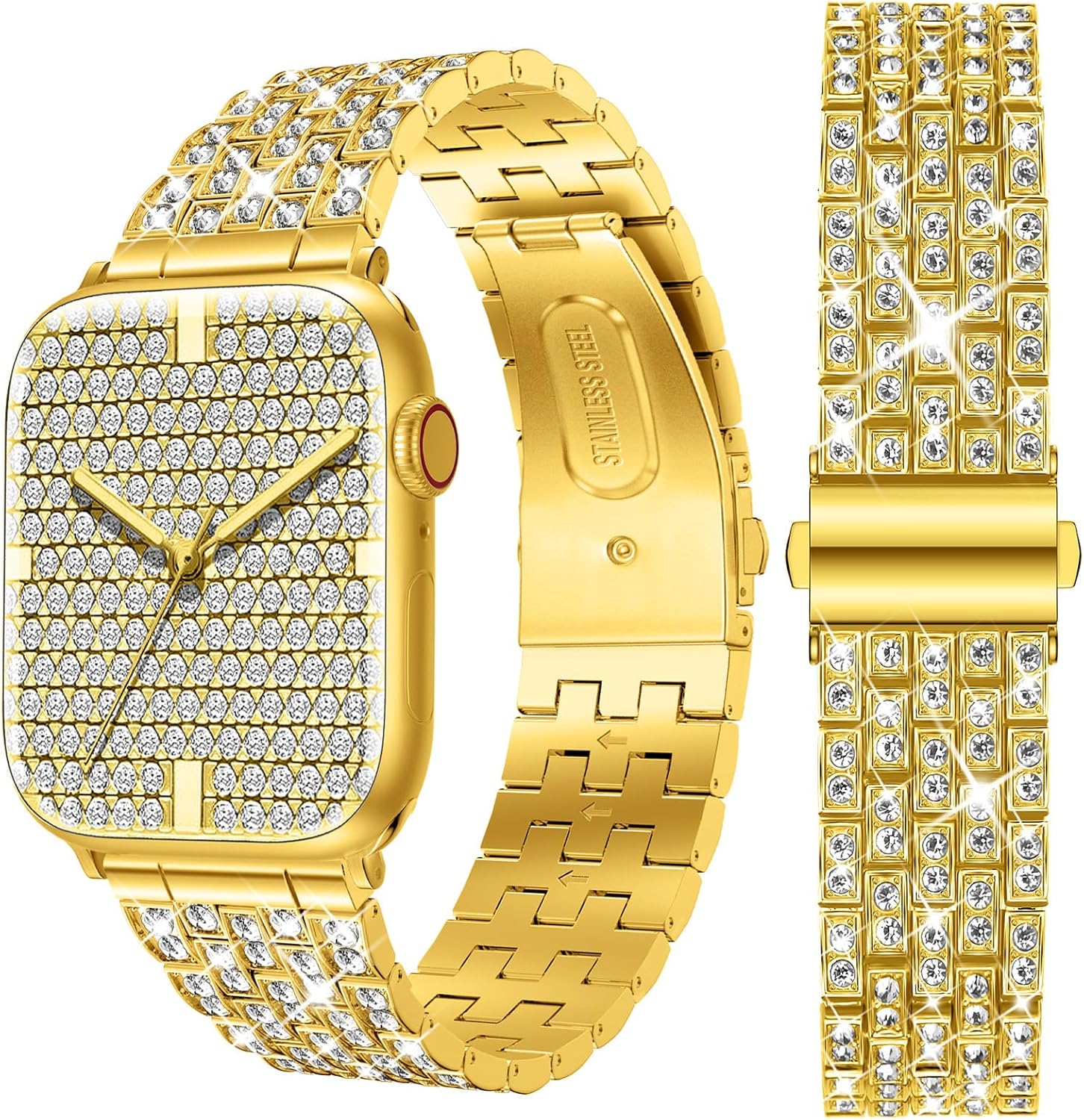XYF Compatible for Bling Apple Watch Band Women, Diamond Stainless Metal Strap Upgraded Bracelet for iWatch Ultra 2/1 Series 10 9 8 7 6 5 4 3 SE 38/40/41mm/42mm-Series10 Gold