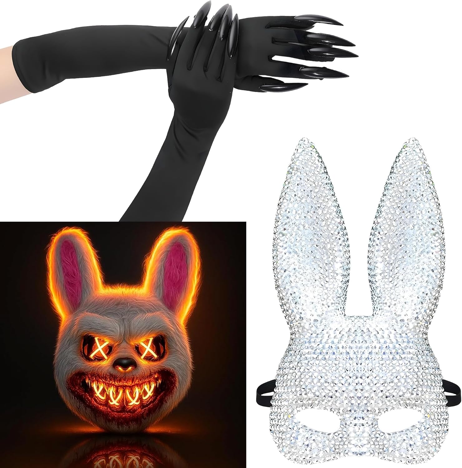 KatchOn, Halloween Costume Bundle | LED Light Up Bunny Mask for Purge Cosplay and Witch Hat, Claw Gloves and Broomstick | Scary Halloween Accessories for Women, Party, Cosplay and Decorations