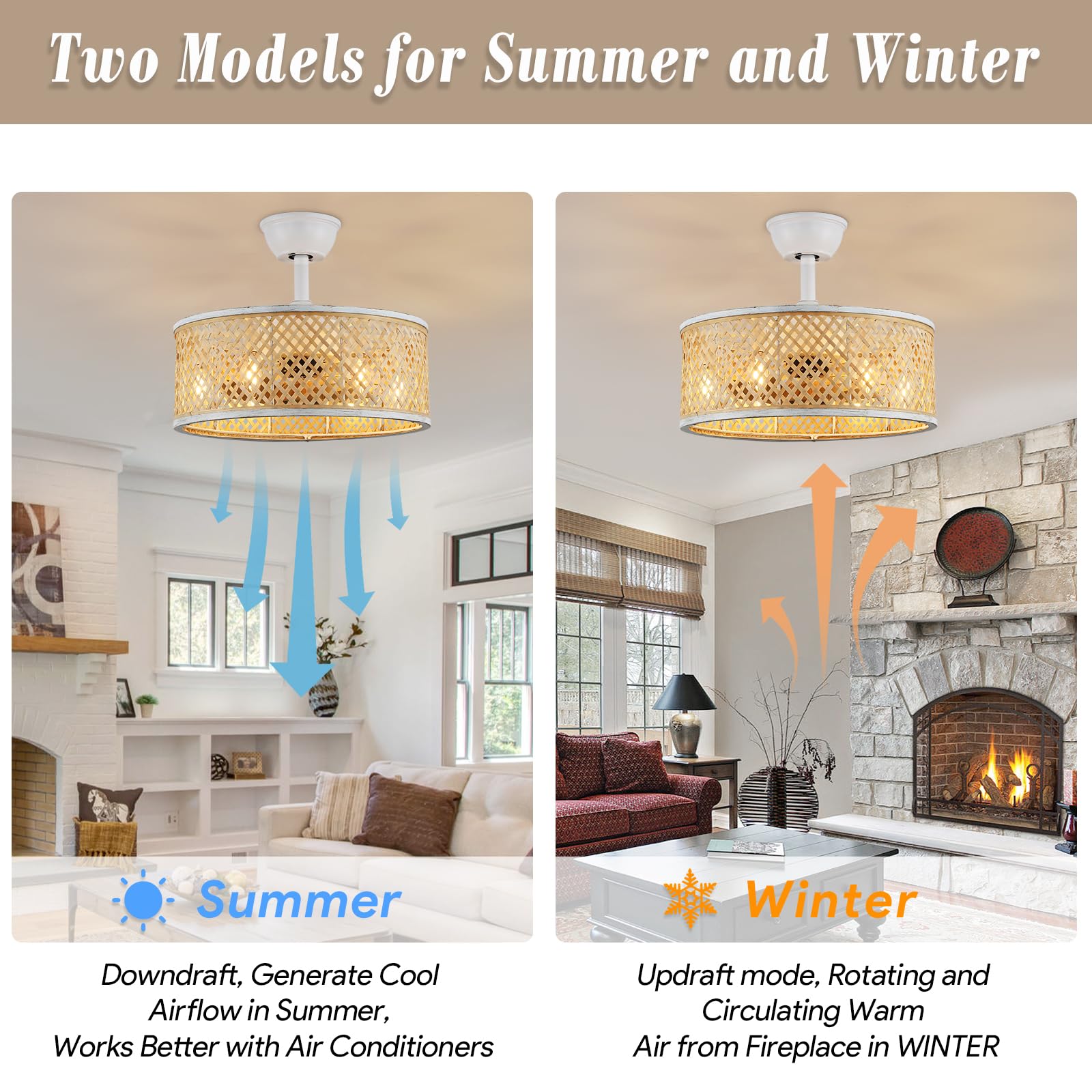 CICIYIG Rustic Ceiling Fan With Lights - 18-inch Farmhouse Bladeless Fan, Remote Control, 6-Light Caged Design, Reversible Motor, Vintage Wood & Metal Finish