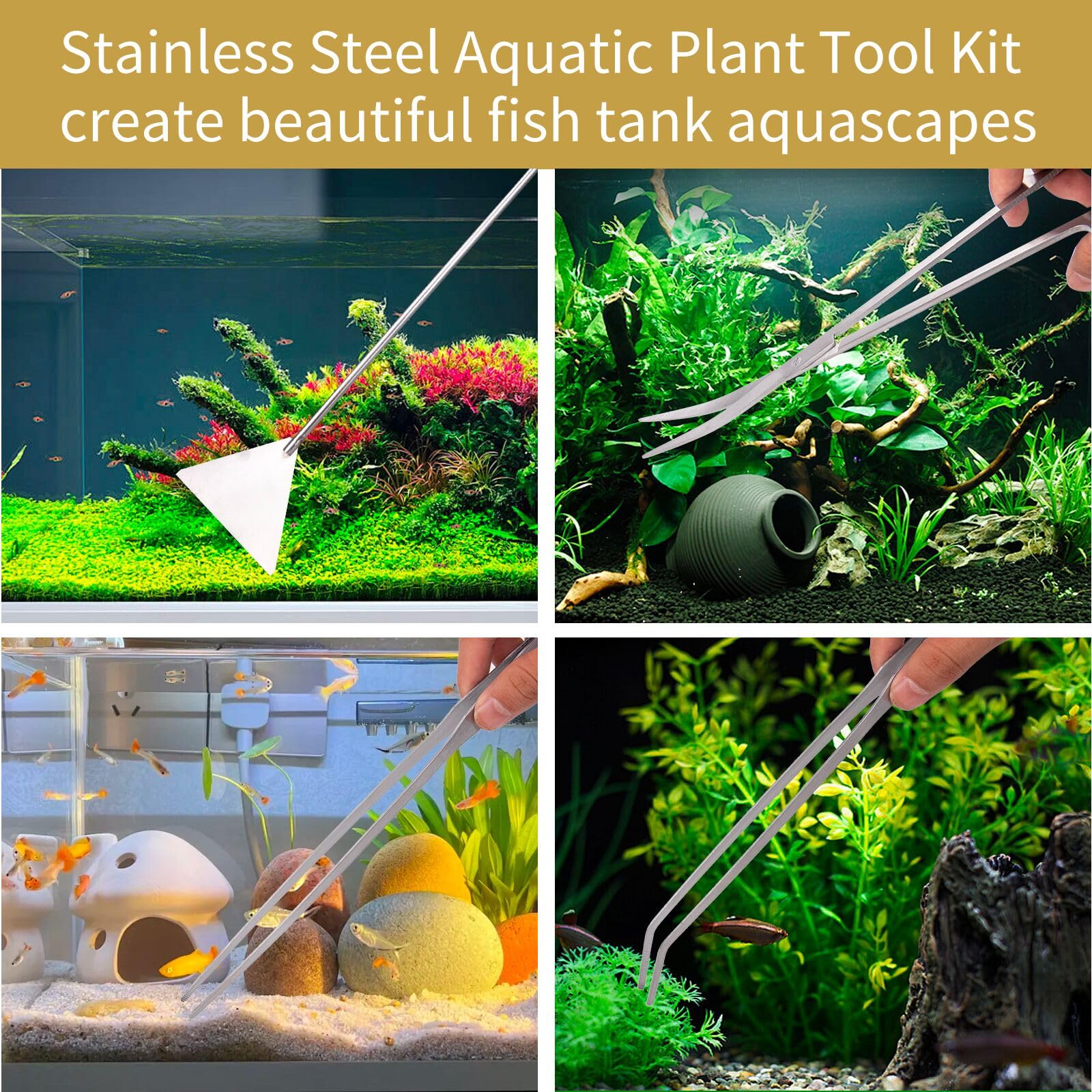 Strumenti per Acquario 5 in 1 pinzette lunghe forbici spatola rete per pesci imbuto per alimentazione - argento