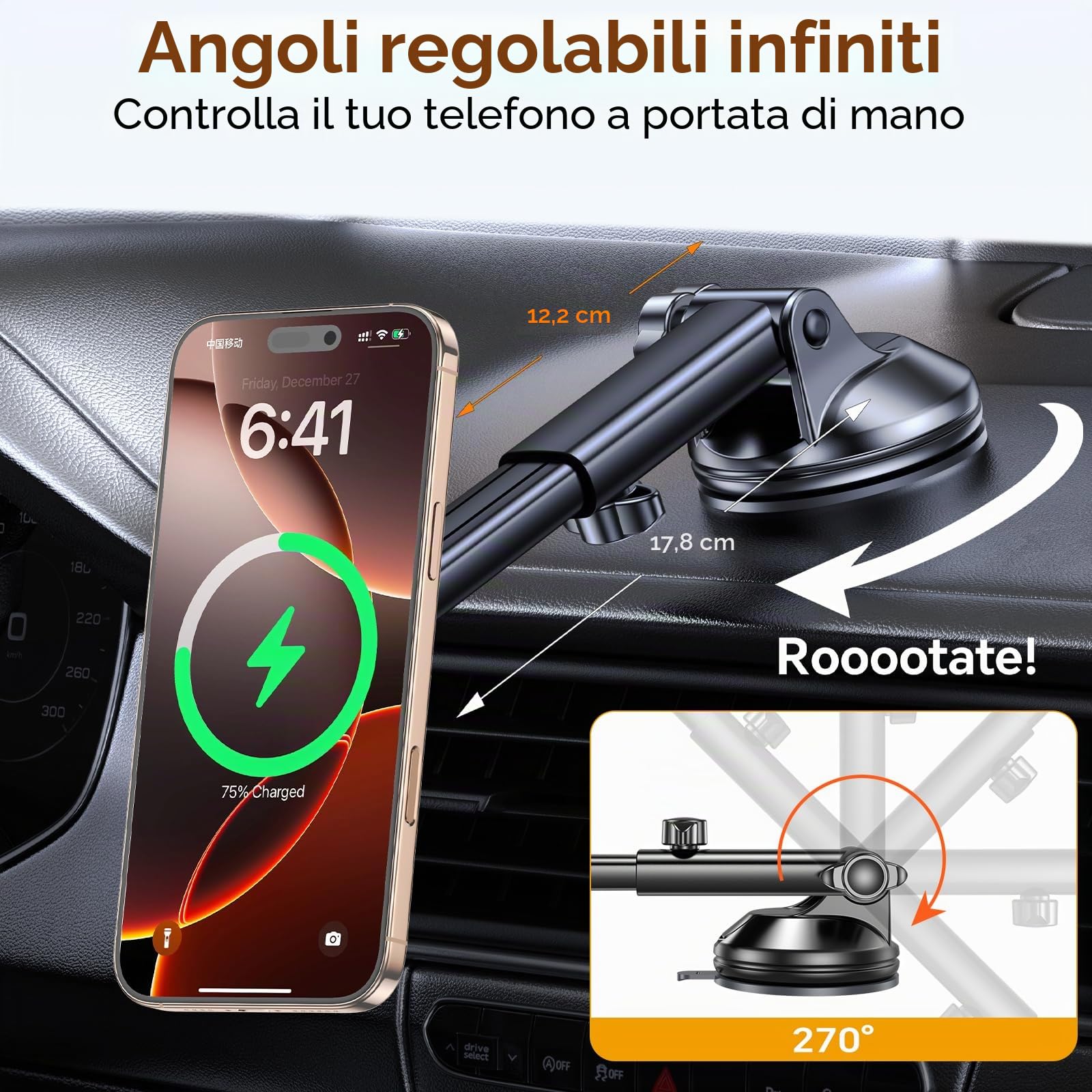 Supporto per auto Magsafe con funzione di ricarica, 100% stabile: 15 W, supporto per cellulare auto MagSafe, caricatore per auto, senza fili, magnetico per iPhone Air 17, 16, 15, 14