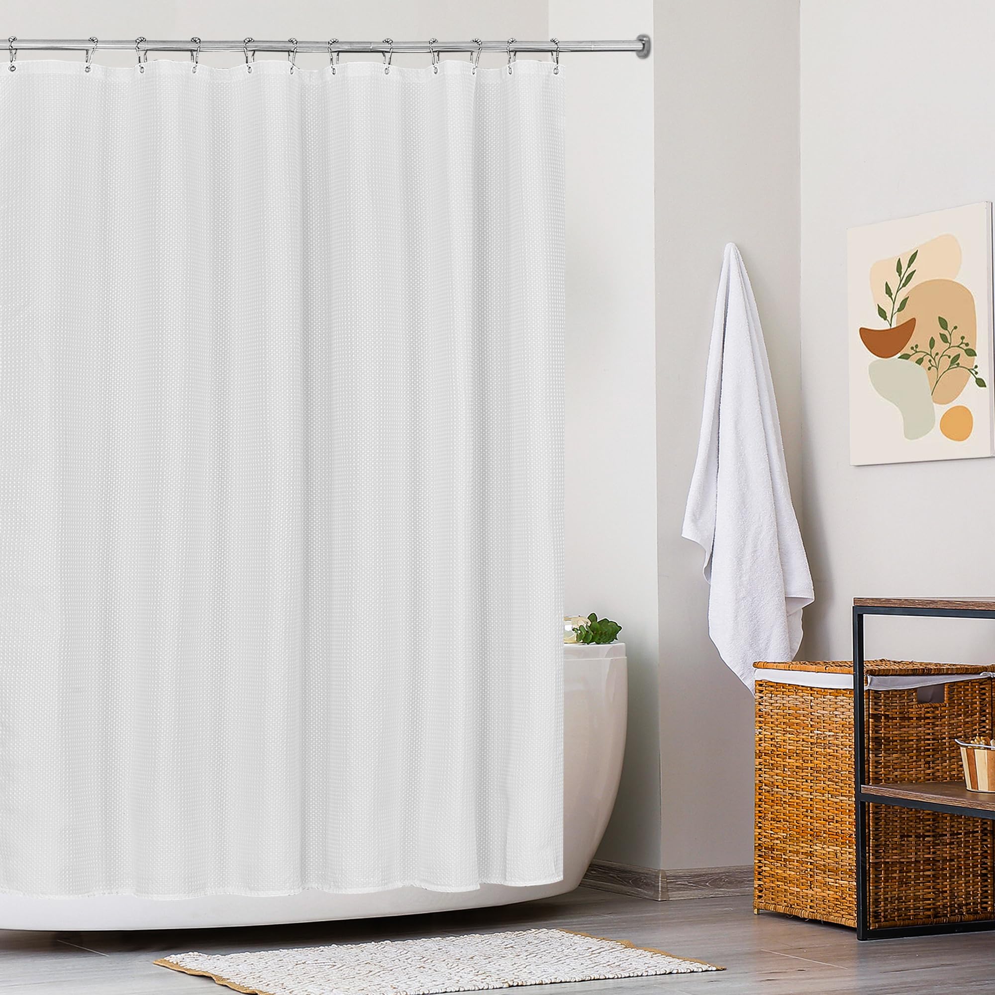 Tenda Doccia in Poliestere Waffle Tenda da Bagno in Tessuto Lavabile in Lavatrice con 12 Metallo Anelli Impermeabile 180X200CM Bianco