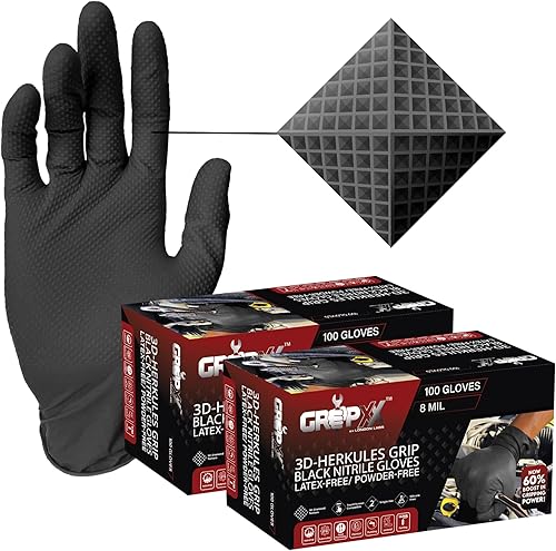 Herkules Grip - Guantes de nitrilo negro resistentes de 8 mil, textura de diamante elevado 3D, látex y sin polvo, industrial, mecánico