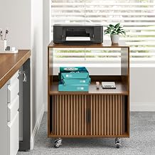 3-Tier Printer Stand, Fluted Rolling Printer Table with Storage, Walnut