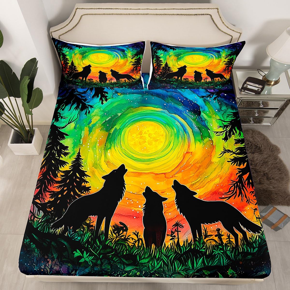 jejeloiu Moon Wolf Bed Sheets Set for Kids Boys Girls Twin Size Wolves Howling Fitted Sheet Ultra Soft Wild Animal Bedding Set Colorful Sky Bedding Collection