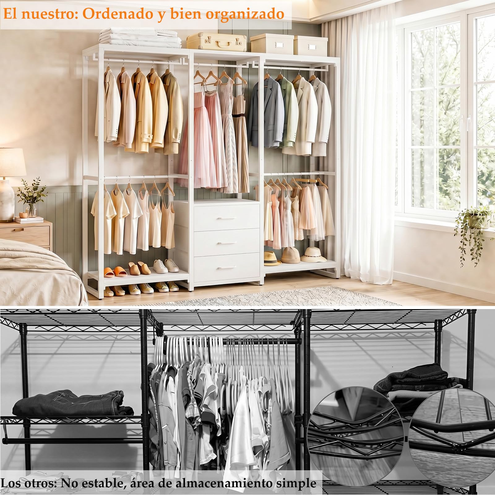 Homieasy Armario Abierto Con 5 Barras Y 3 Cajones De Tela | Estructura De Metal Y Paneles De Madera, Capacidad De Carga Hasta 450 Kg, Para Dormitorio, Vestidor O Pasillo