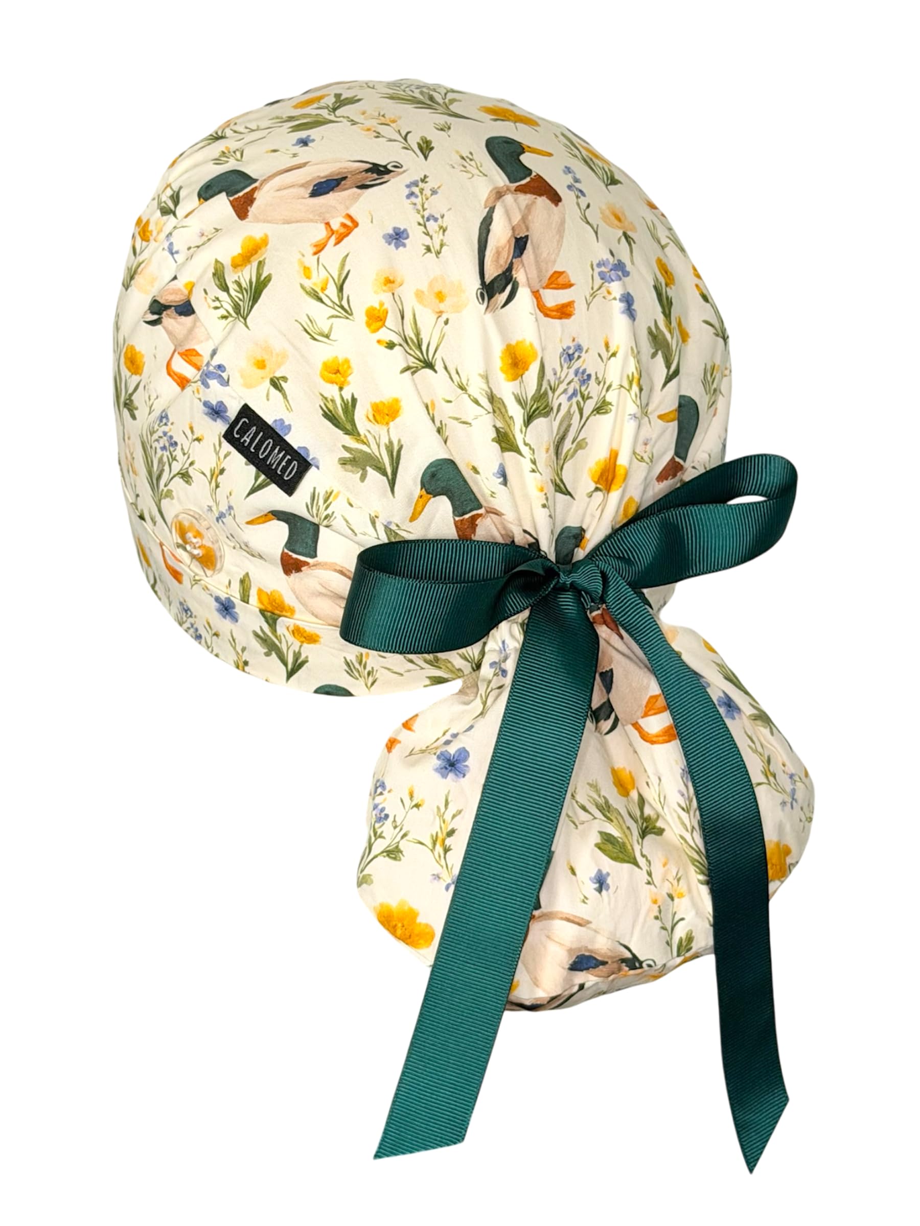 Scrub Cap for Women and Men, Ponytail Scrub Caps, Working Hat, Head Cover with Ribbon Ties and Buttons, Long Hair
