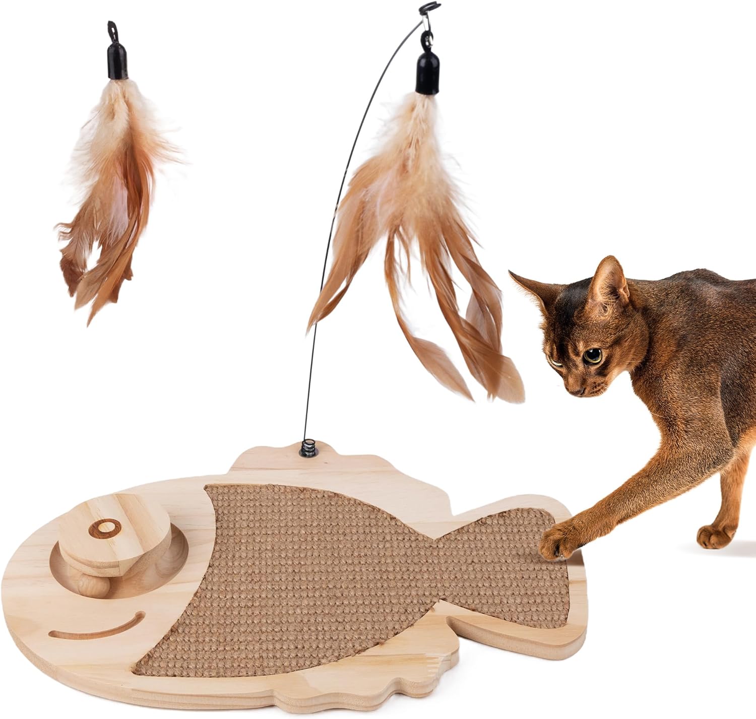 Pawise Cat Scratcher,Fish Shaped Cat Scratcher Toy,Natural Sisal Cat Scratching Board with Feather Teaser and Wooden Roller Ball Toy,Interactive Cat Toy for Indoor Cats (Fish)