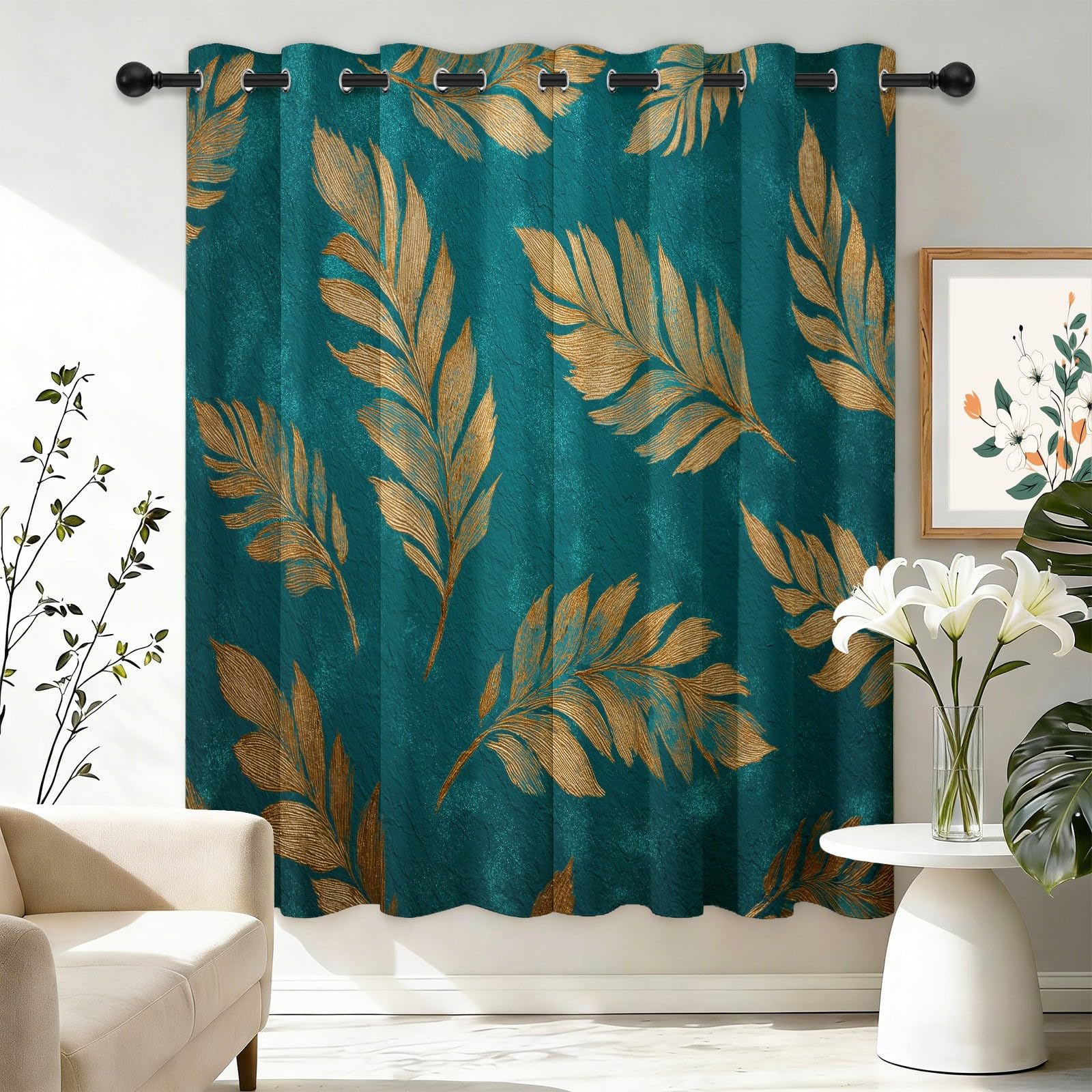 Rideaux Occultant 140L X 260H cm Lot de 2 avec Oeillets, Bleu-Vert Rideau Salon Chambre Cuisine Moderne Luxueux Décoratif Plume Rideau Thermique Isolant Anti Froid et Chaleur pour Garçon et Fille