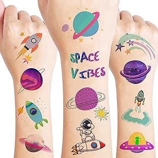 8 Sheets (96PCS) Galaxy Temporary Tattoos for Kids, Outer Space Birthday Party Decorations Supplies Tattoos Stickers Cute Party Favors Girls Boys Gifts Classroom School Prizes Themed Christmas