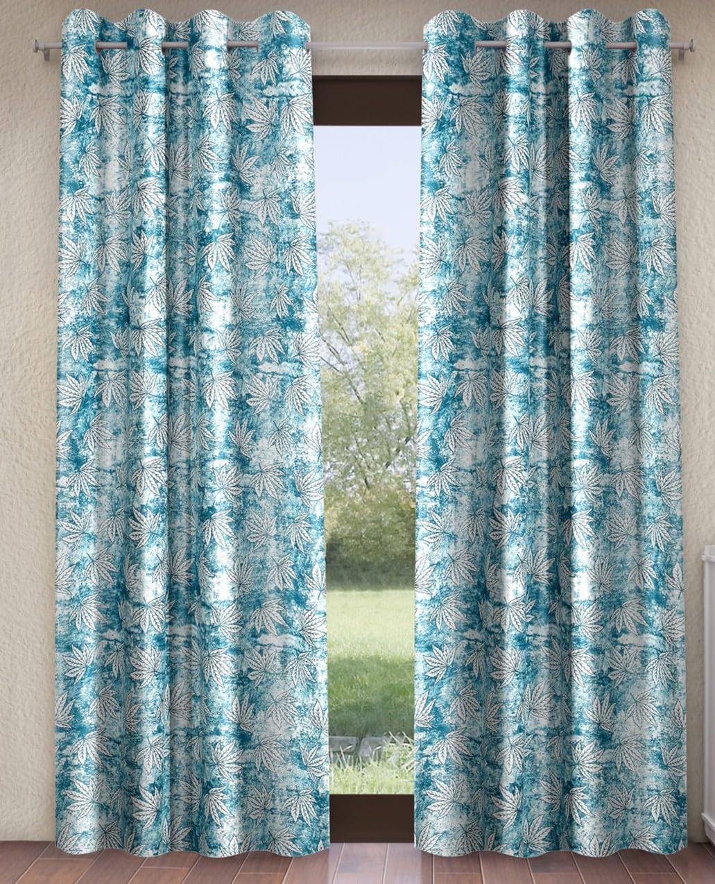Home Sizzler 2 Pieces Leaf Mist Grommet Eyelet Polyester Door Curtains - 6 Feet, Frosted Aqua-image-33