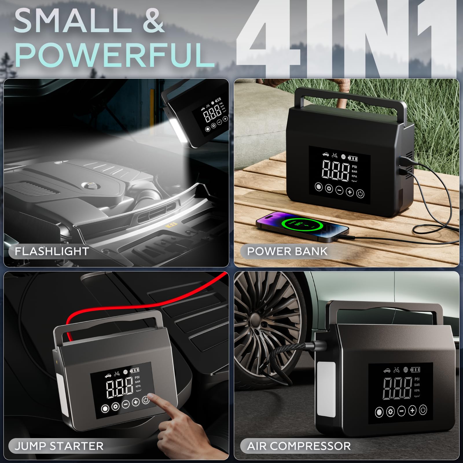 Portable Jump Starter with Air Compressor Features