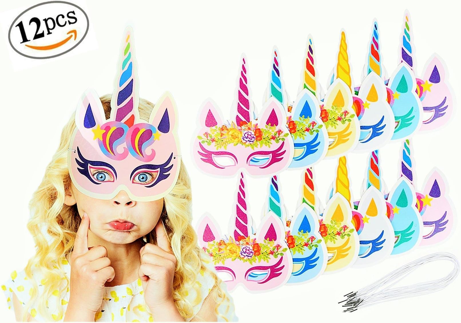 Rainbow Unicorn Sparkling Paper Masks for Kids, Girls and Boys Birthday Party Eye Masks for Unicorn Themed Party, Sleepovers, Unicorn Party Favors, Supplies and Decorations, 12 PCS By Intelliuz