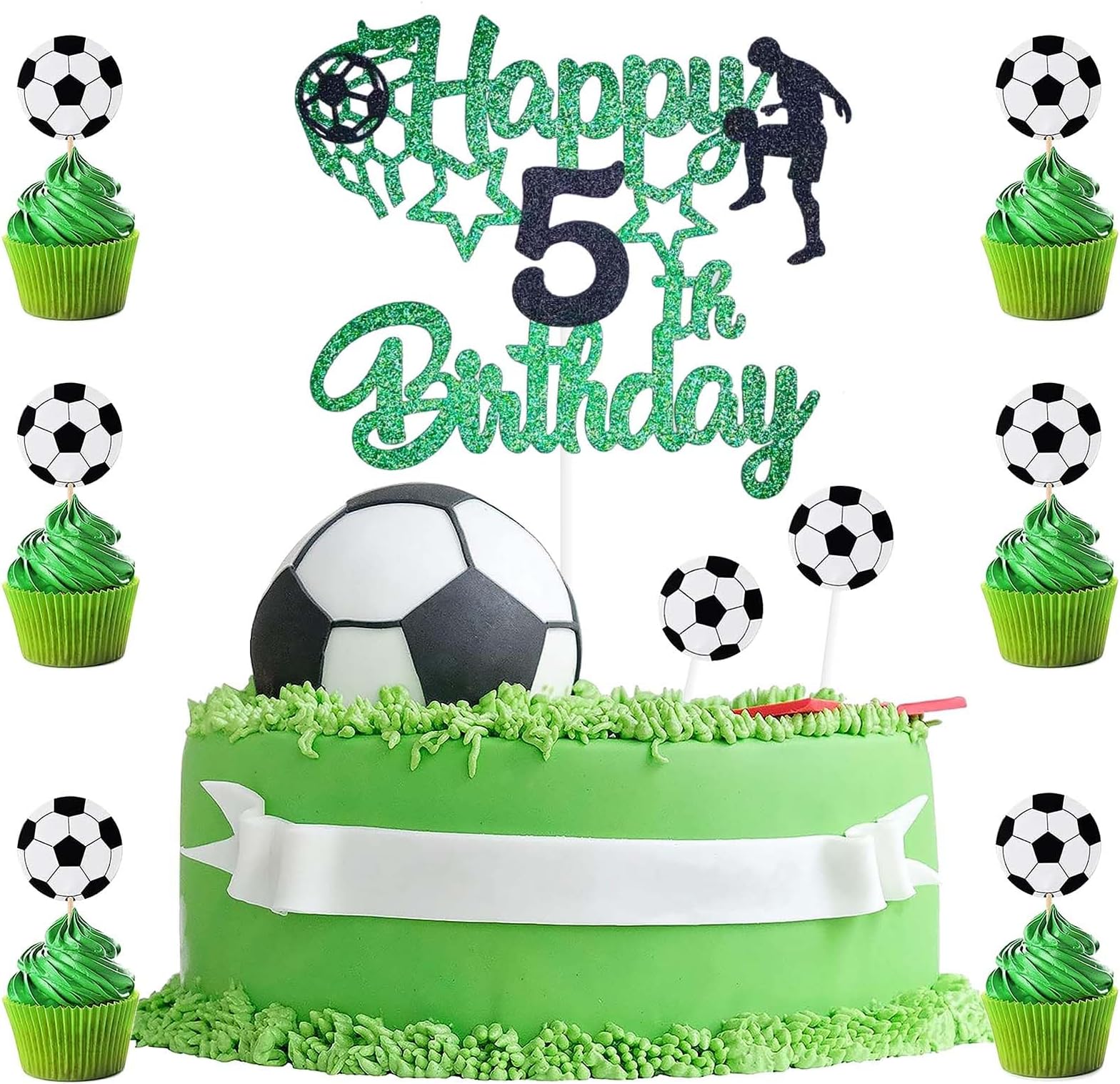 9pcs Football Cake Topper 5th,Football 5th Cake Decorations for Boys,1 Double Sided Glitter Cake Topper with 8 Soccer Cupcake Decorations for Kids Boys Sports Party Supplies Birthday