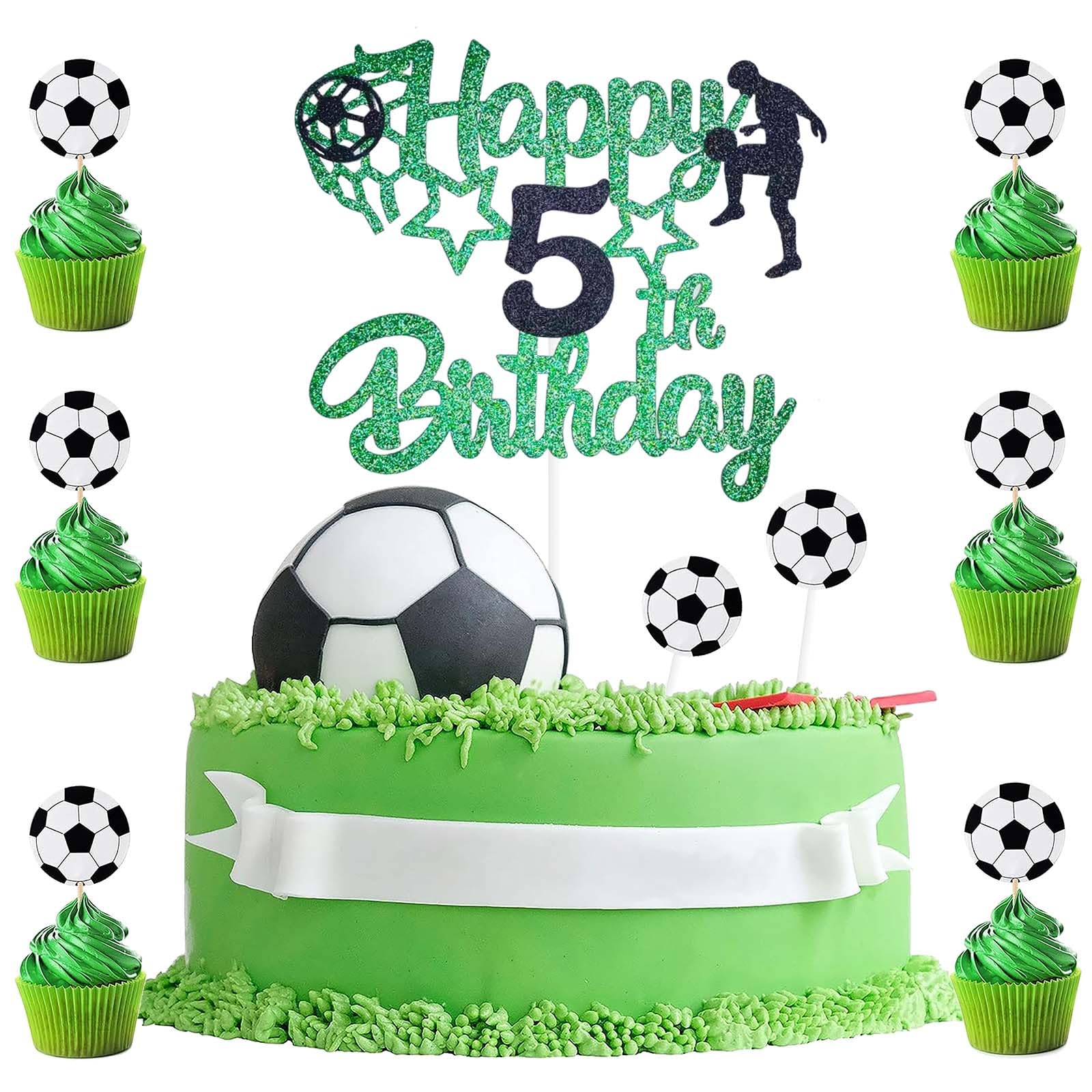 9pcs Football Cake Topper 5th,Football 5th Cake Decorations for Boys,1 Double Sided Glitter Cake Topper with 8 Soccer Cupcake Decorations for Kids Boys Sports Party Supplies Birthday