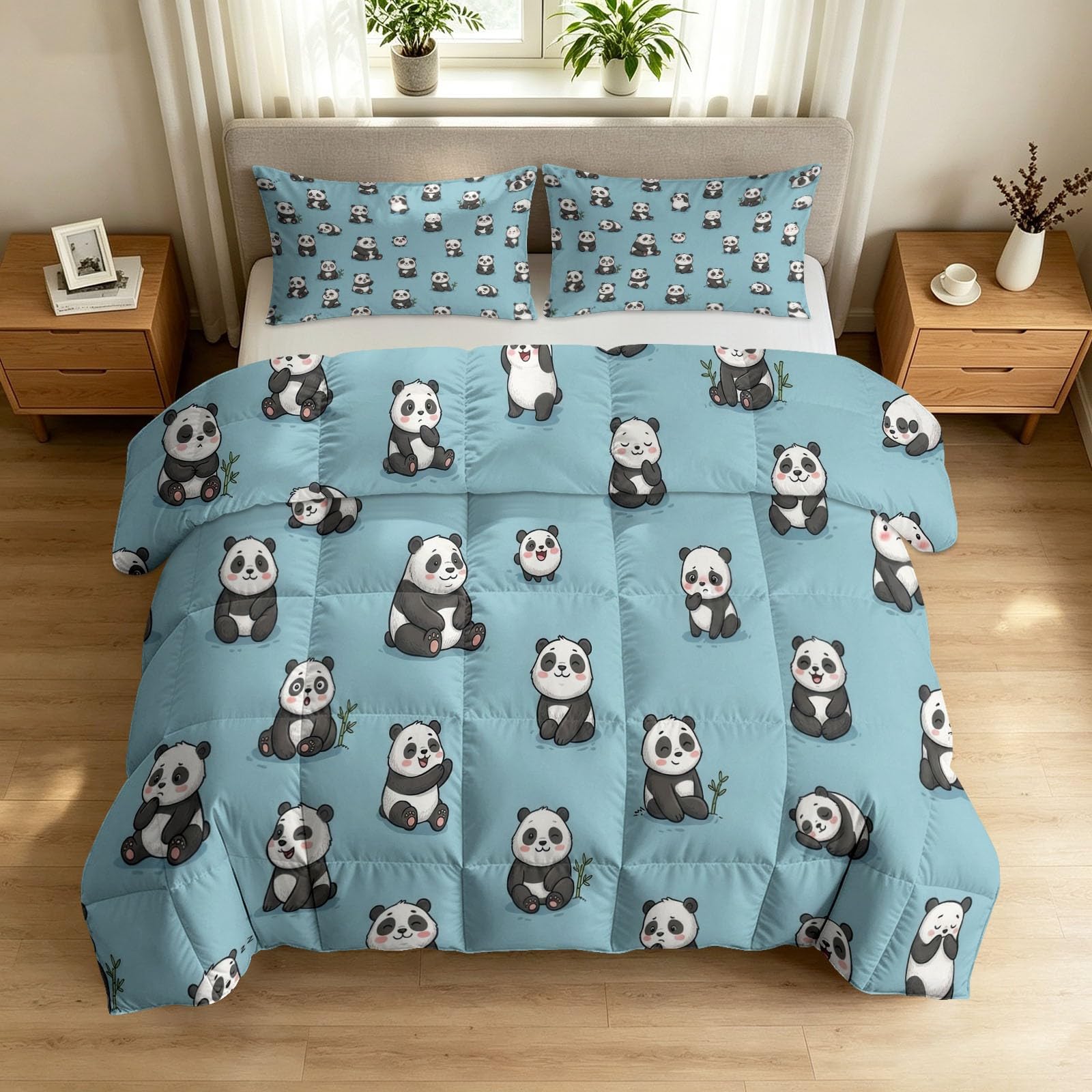 Bettdecke 155x220 cm 4 Jahreszeiten, Süßer Panda Warm Weiche Steppdecke mit 2 Kissenbezügen 80x80 cm, Blau Waschbare Cartoon Tiere Wende Ganzjahresdecke ohne Bezug für Kinderzimmer