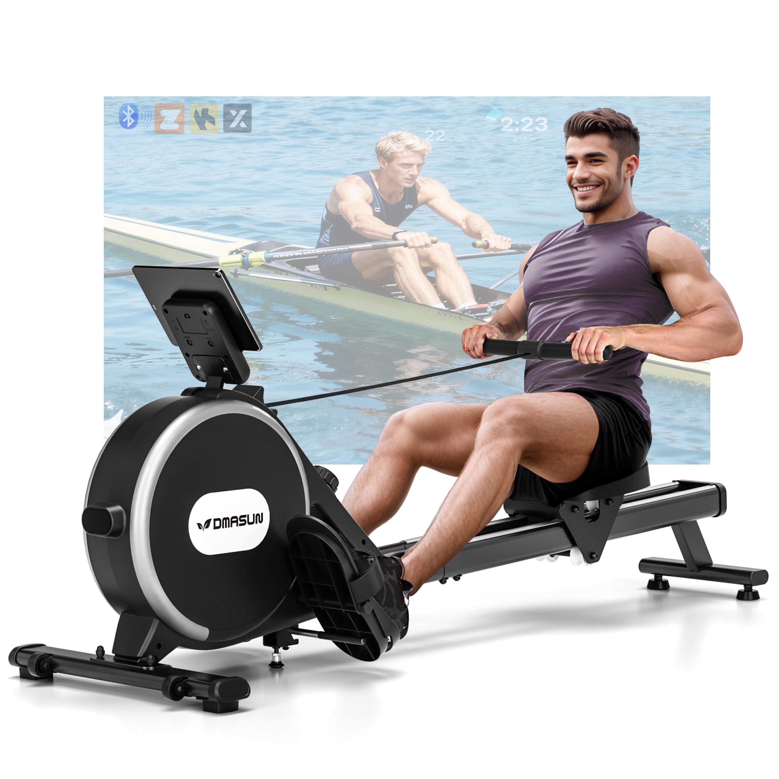 Rudergerät für Zuhause, DMASUN Leises Magnetisches Rudergerät mit 16 Widerstandsstufen, Upgrade Doppel-Slide-Rails, APP-Verbindung, LCD-Datenanzeige, ideal für Cardio-Training, Belastbar bis 160kg
