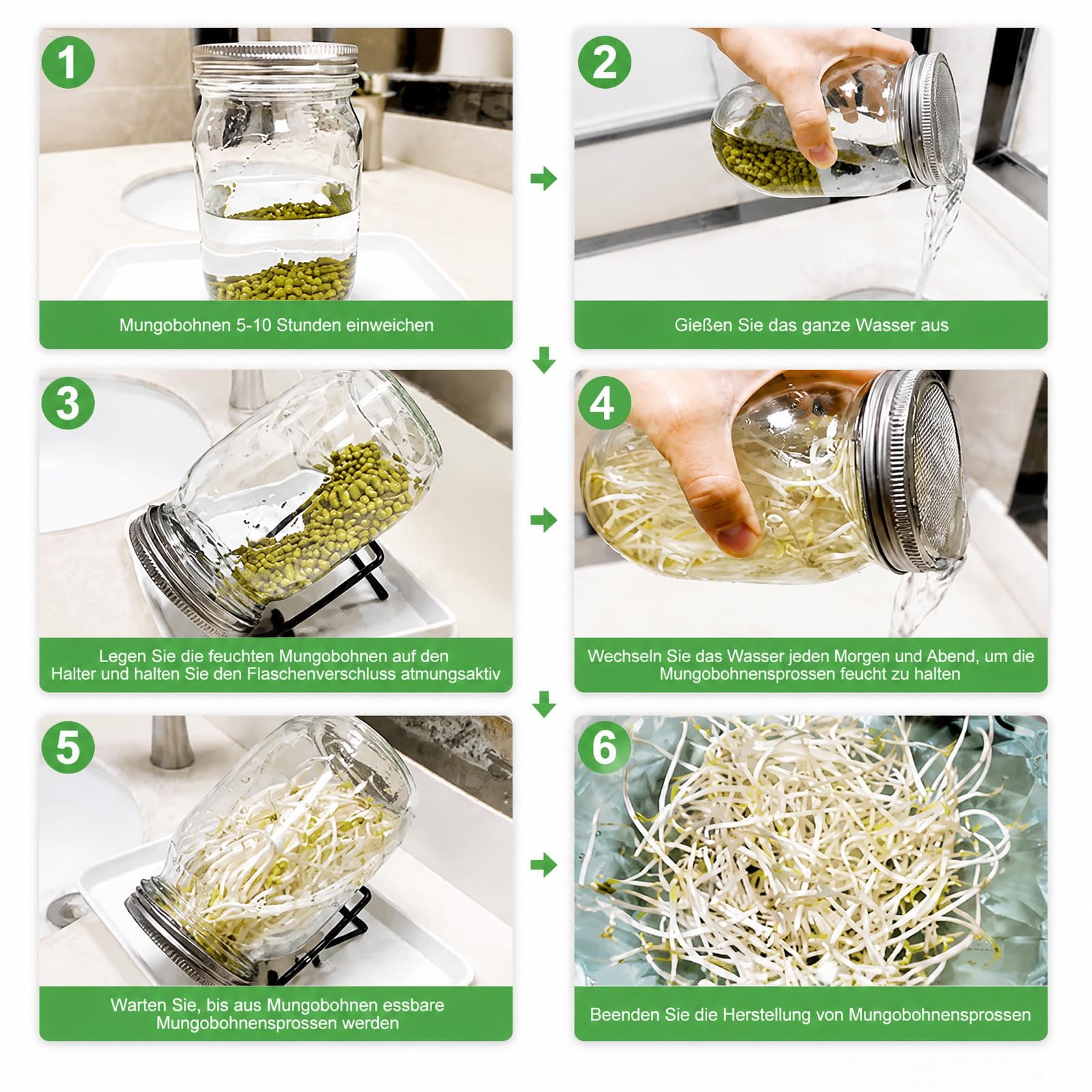 Keimglas, 2 Stück, 1000 ml Samen, Sprossenglas-Set, breite Öffnung, Einmachgläser mit Edelstahldeckel, Tablett, Ständer, Schattiertuch, Microgreens Wachstumsset für Alfalfa, Brokkoli-Samen
