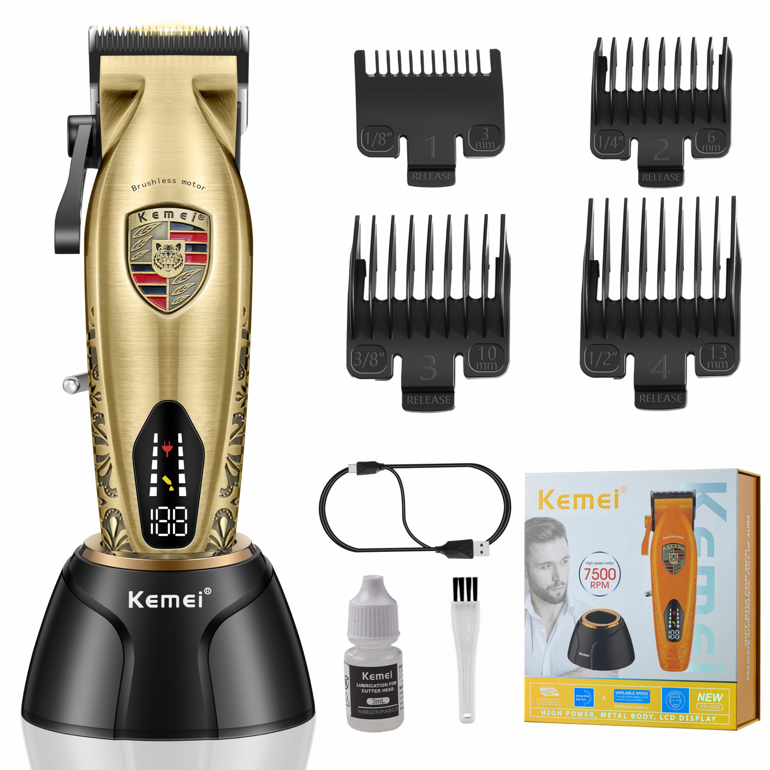 KEMEI 2230 - Cortadora de barba eléctrica profesional para hombres, cortadora de pelo inalámbrica para hombre, cortadora de pelo para corte de pelo/bigote, kit de cortapelos para barberos, forros en T