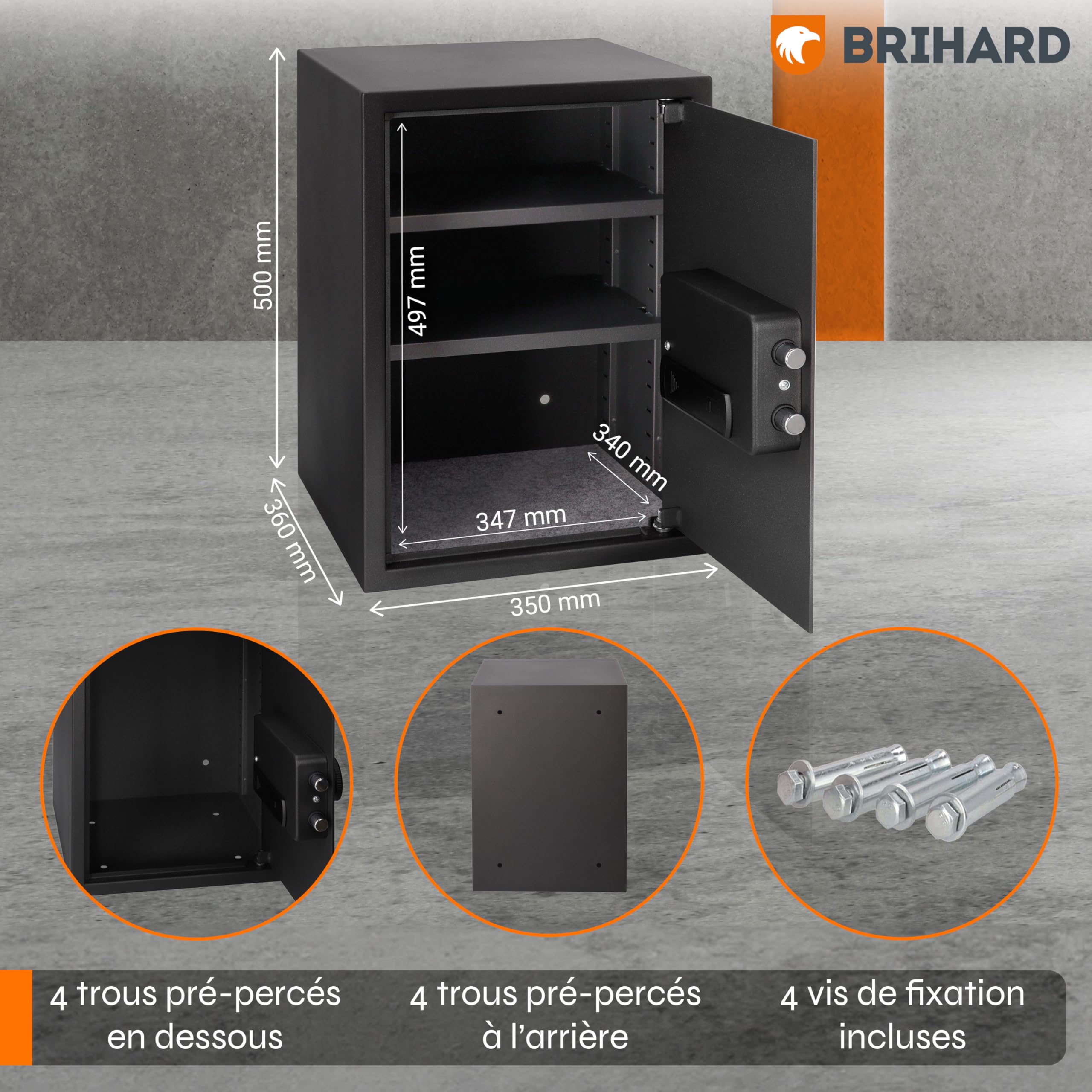 Business XL Coffre-Fort Biométrique 50x35x36 cm avec Sac Ignifuge, Coffre Sécurisé à Empreinte Digitale 60L, 2 Étagères à Hauteur Réglable, Idéal pour Argent, Documents A4, Bijoux