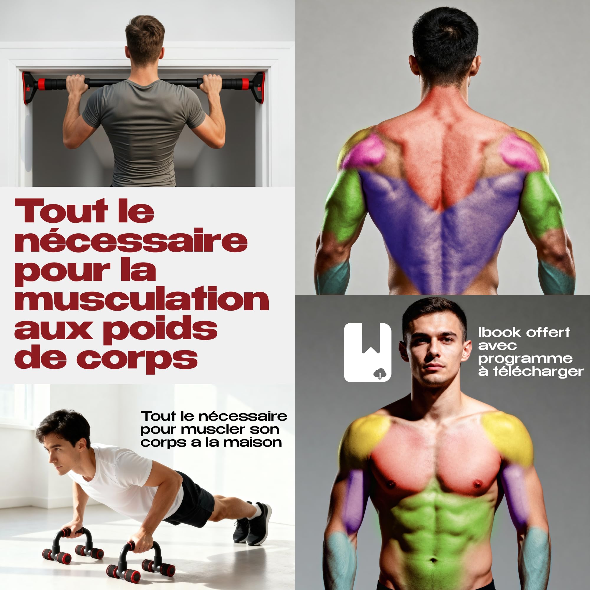 Barre de traction porte ou murale sans perçage 69-107cm et poignées pour pompe et gants, sport maison - 4