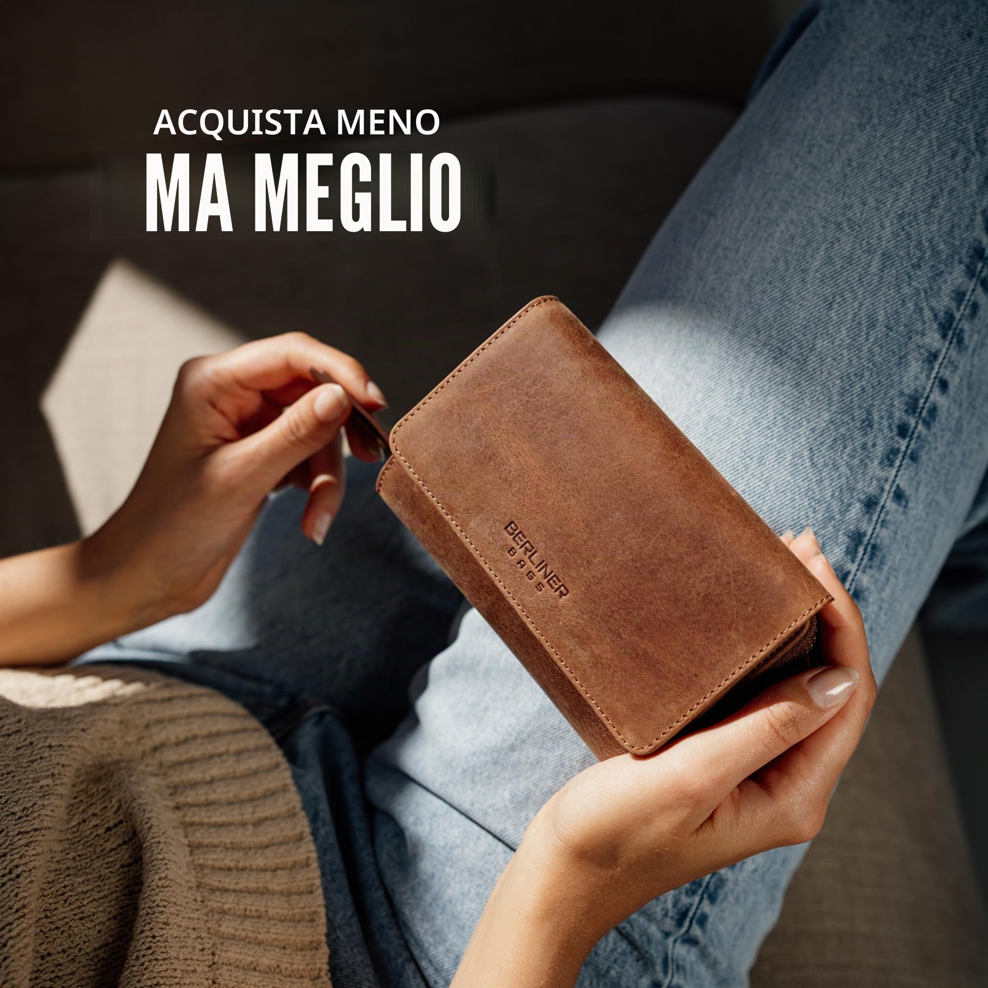 Berliner Bags Portafoglio Donna Vienna in Vera Pelle, Grande con Zip e Portamonete, Protezione RFID, 19 Carte – Marrone