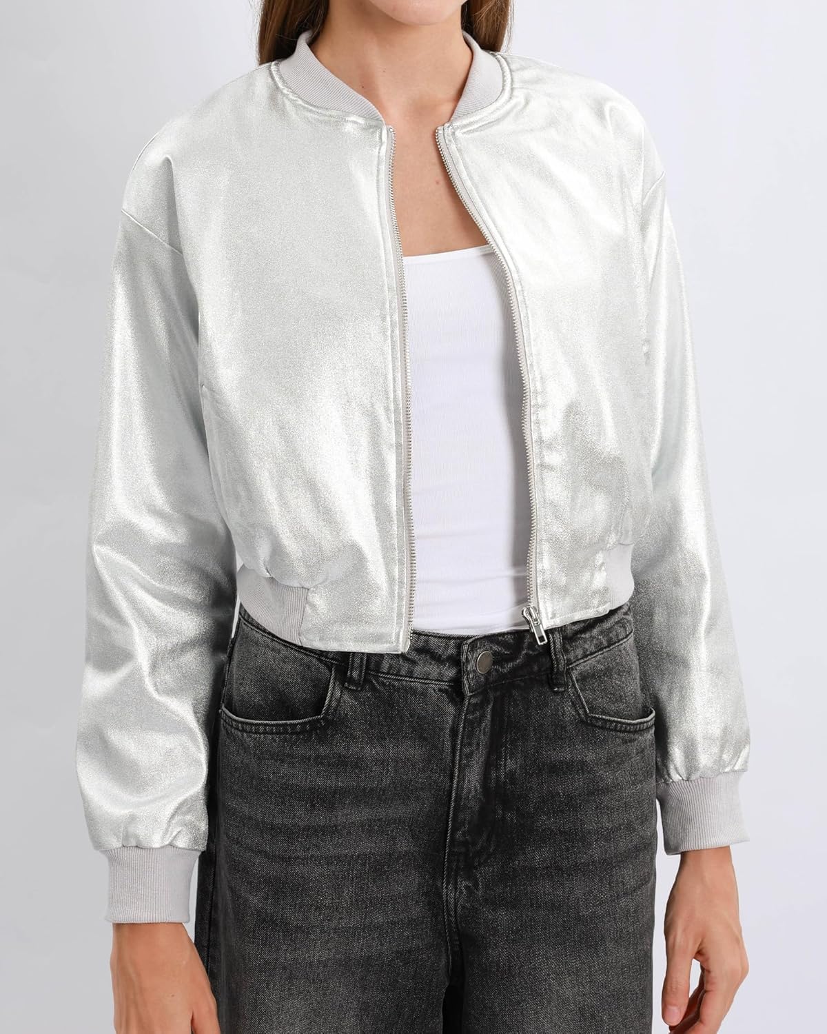 Xintianji Womens Matte Glossy Faux Leather Bomber Jacket- Zip Up Side Pocket Long Sleeve Windbreaker Cropped Flight Jacket - Image 6