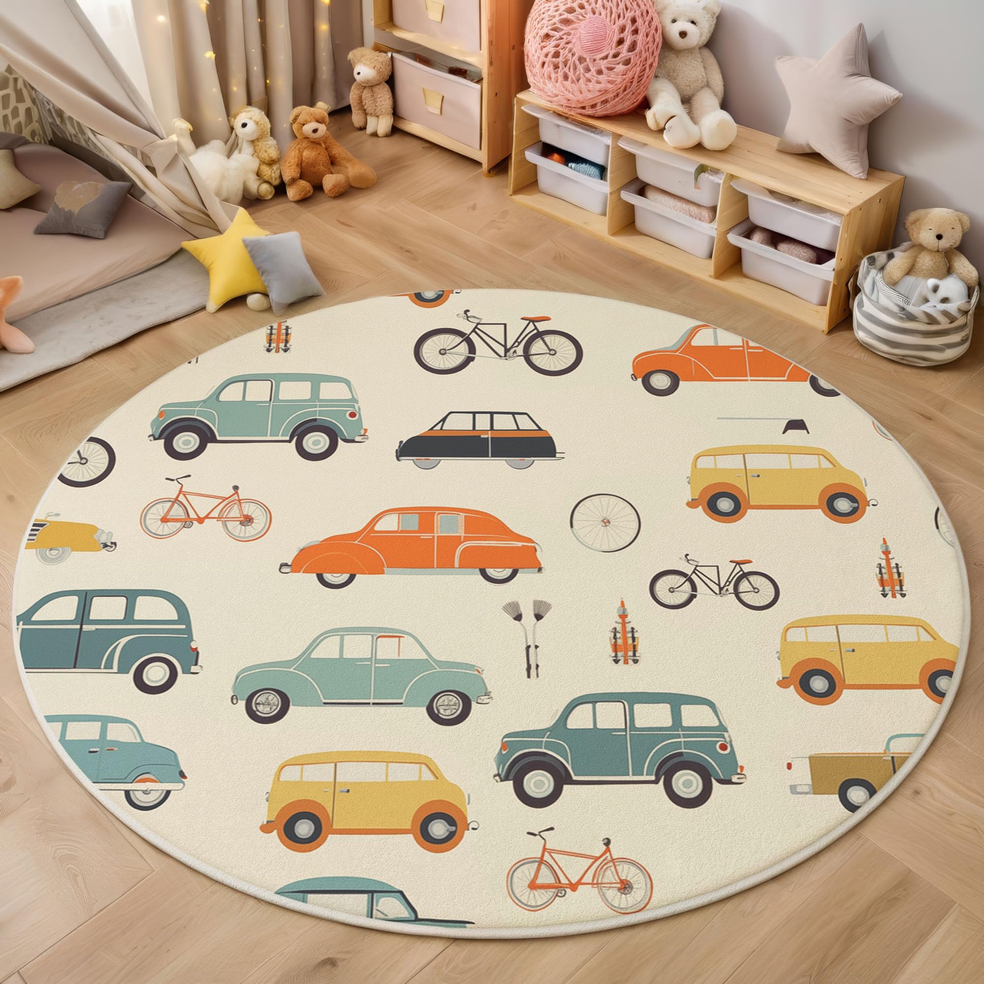Teppich Rund Ø 120cm, Weich Flauschiger rutschfest Senfgelb Teppich, Waschbar Autos Fahrräder Bedruckter Retro Kindlicher Stil Runder Teppiche, für Wohnzimmer Schlafzimmer Kinderzimmer