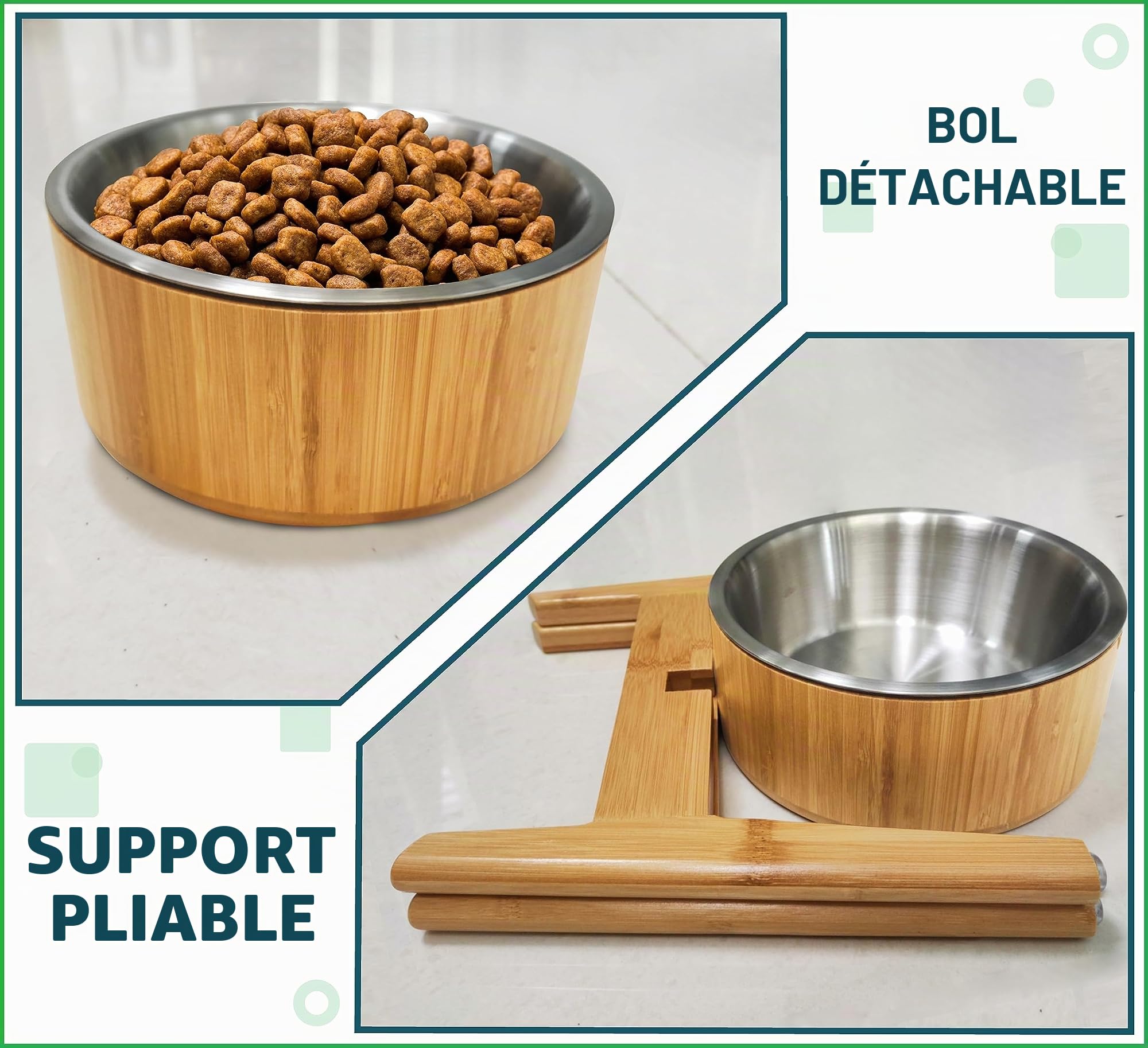 Gamelle surélevée pour chiens de grande race, pour aliments secs et humides, éloigne fourmis/insectes, en bambou avec plat en acier inoxydable et socle haut, 38 cm, capacité de 2 kg
