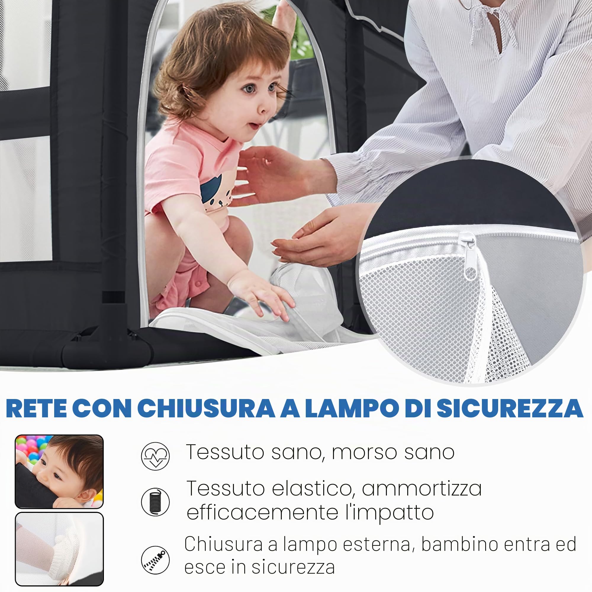 UISEBRT Box con base antiscivolo e rete traspirante e 50 palline, stabile griglia di intercettazione per bambini, colore nero, 127 x 127 cm