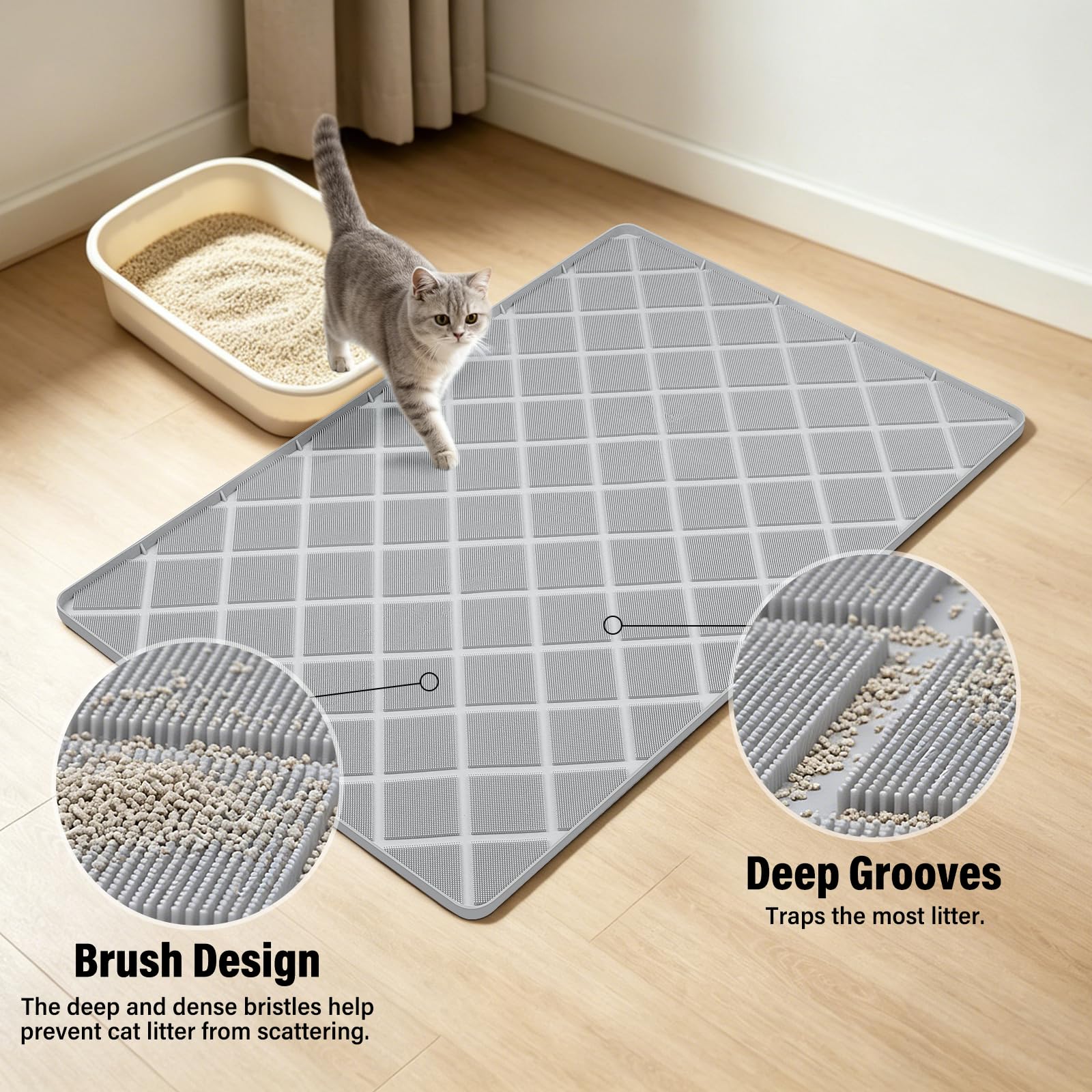 127 x 89 cm Tapis de litière pour chat en silicone avec brosse Gris