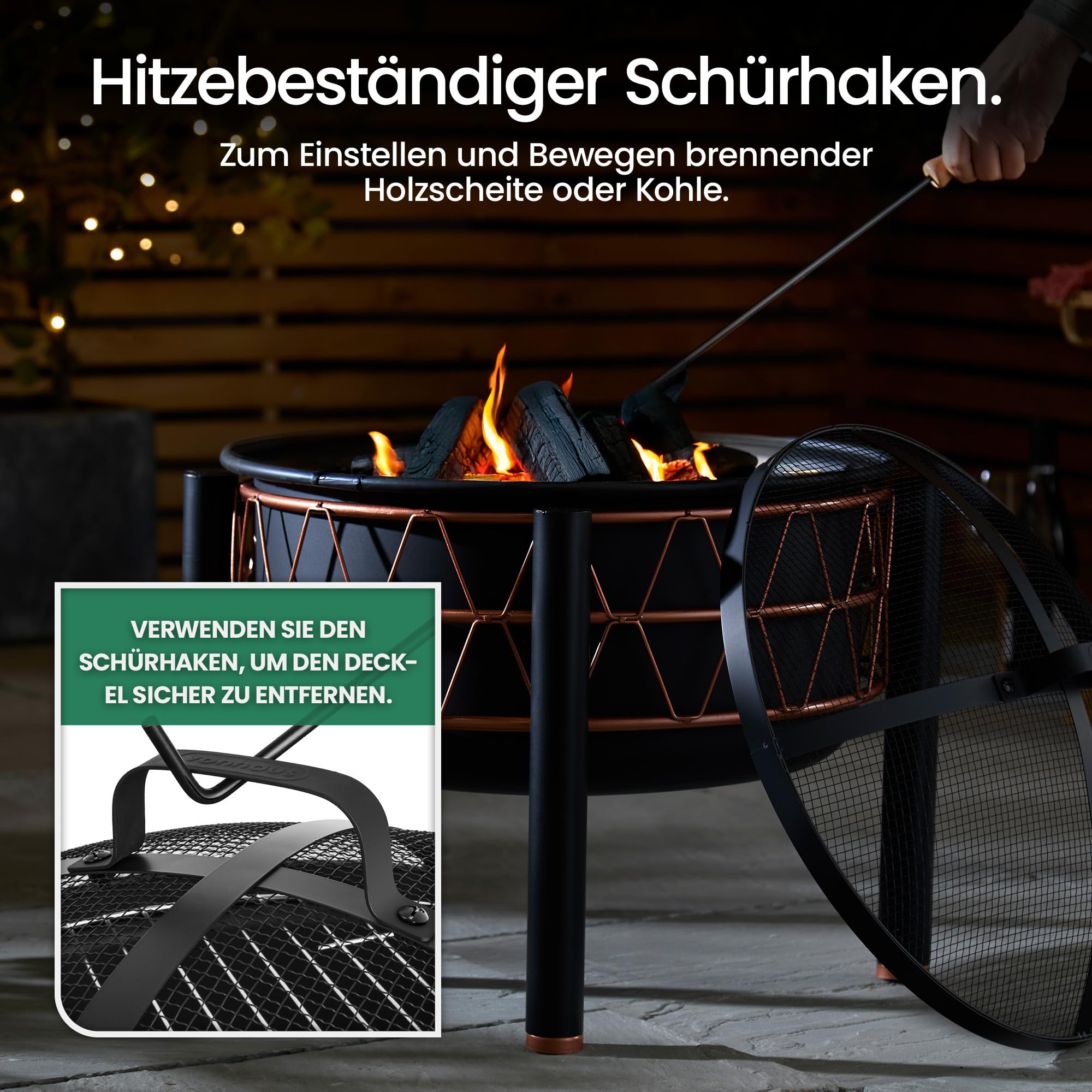 VonHaus BBQ Feuerstelle, 2-in-1 Feuerschale für Garten, Terrasse und Outdoor, Feuerkorb aus Stahl mit Kupferdetail, Feuerschale mit Funkenschutz, Schürhaken und Grillrost, Nutzbar mit Holz und Kohle