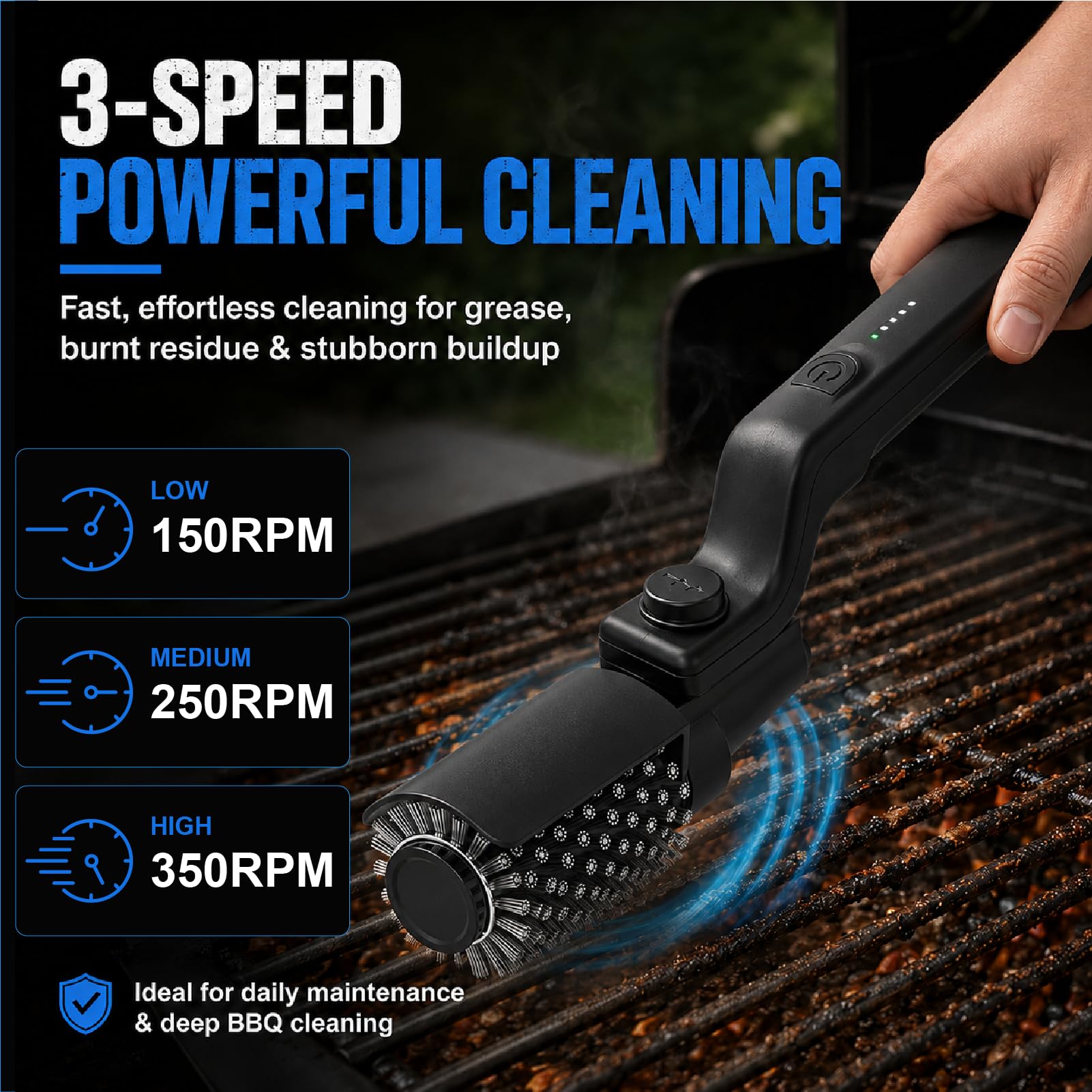 Cepillo eléctrico para barbacoa, IPX7, resistente al agua, limpiador de barbacoa con cabezal giratorio de 180°, 3 velocidades hasta 350 rpm, 100 minutos de autonomía para parrilla y parrilla