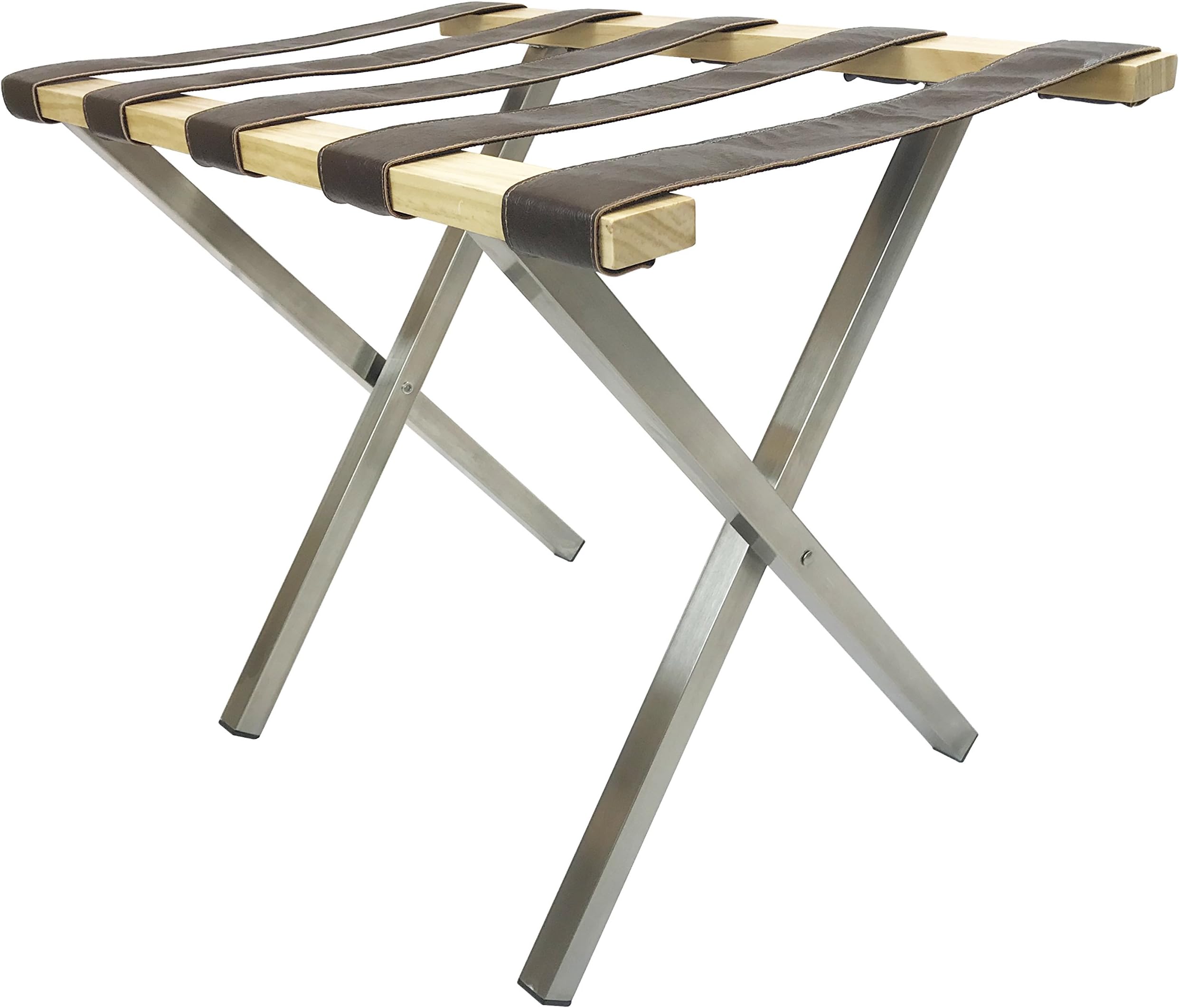 Wholesale Hotel Products MLR_SQ_BSNW_BR Brushed Stainless Steel Combination Luggage Rack, Natural Wooden Top, Brown Leather-Like Straps, Square Tubing