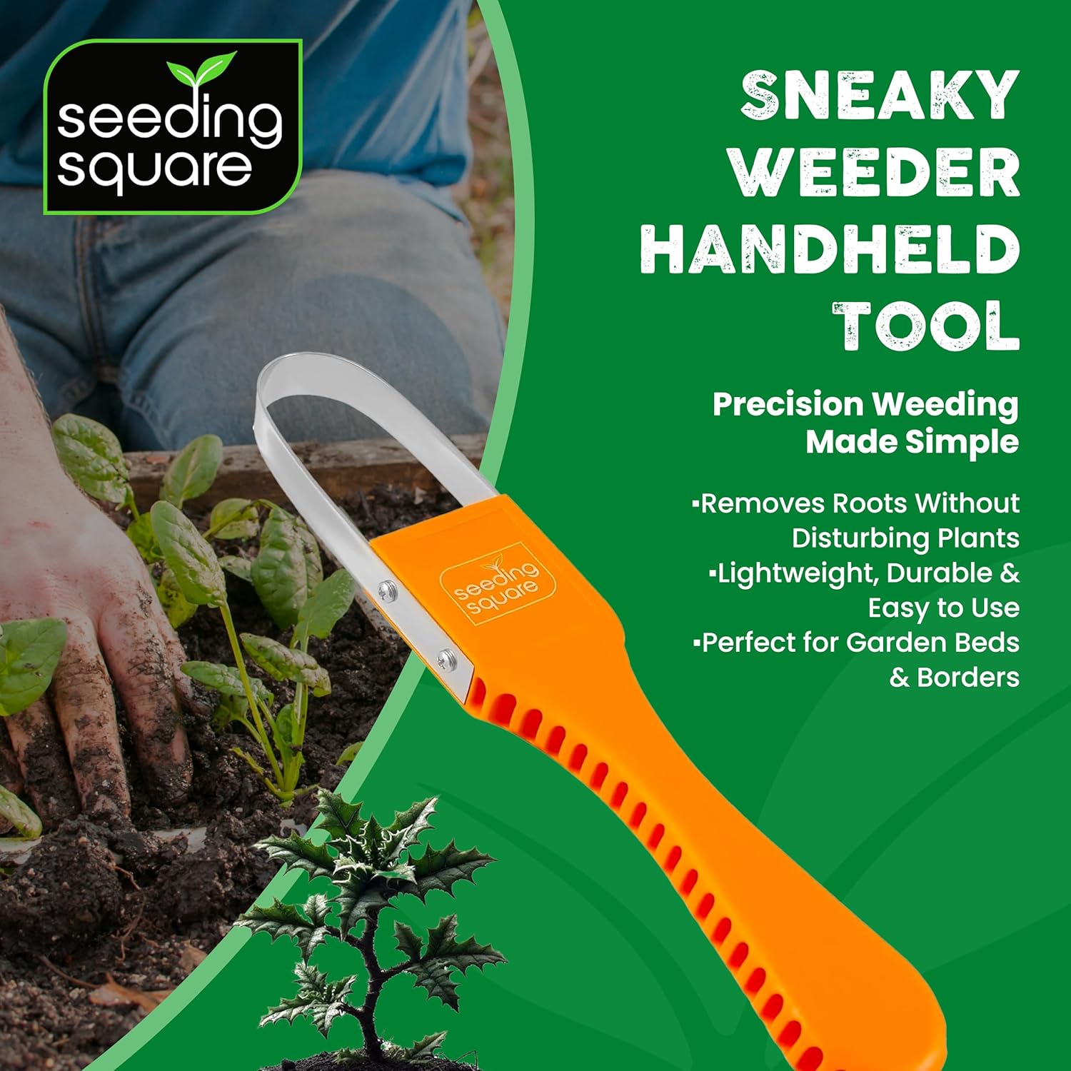 Seeding Square Sneaky Weeder Bundle – Hand Weeding Tool with Seed Spacing Template for Easy Weed Removal & Organized Raised Bed Gardening