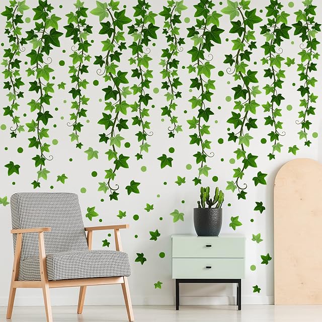 4Pcs Evergreen Ivy Peel and Stick Wall Decals, SMFANLIN DIY Removable Hanging Ivy Green Vine Leaves Wall Art Murals Stickers for Living Room Bedroom Office Kitchen Sofa TV Background Decor
