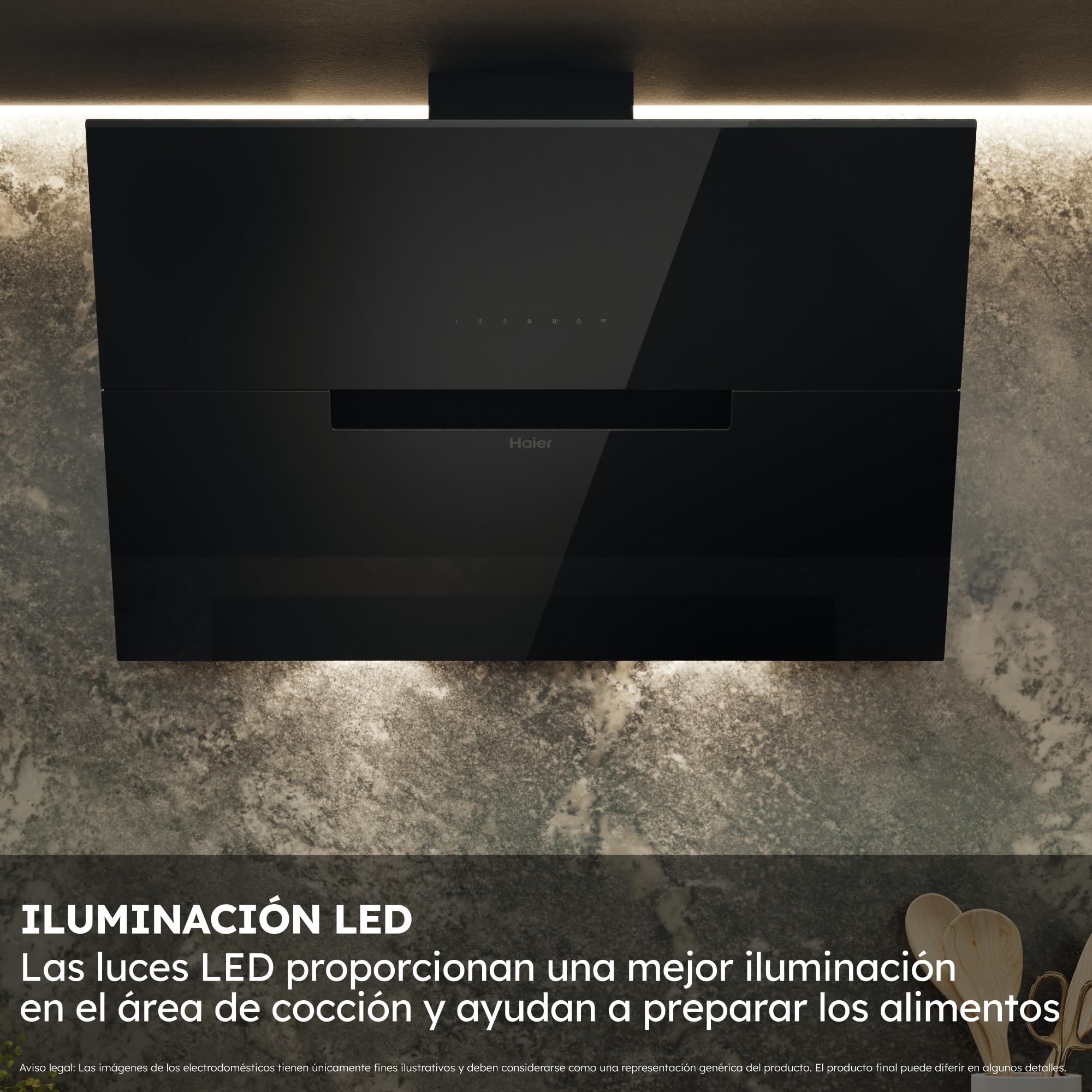 Haier I-Link HADG9CBS4BWIFI Campana extractora decorativa 90cm, WIFI, Potencia 937 m3/h, 270W, 5 Velocidades, 63 db, Filtros carbón, 2 Filtros Antigrasa, Luz LED, Cristal Negro
