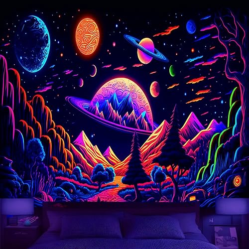 Miniatura 1 de Tapiz de galaxia con luz negra para dormitorio, tapiz de bosque de montaña con luz negra, tapices reactivos a los rayos UV, tapiz para colgar en la